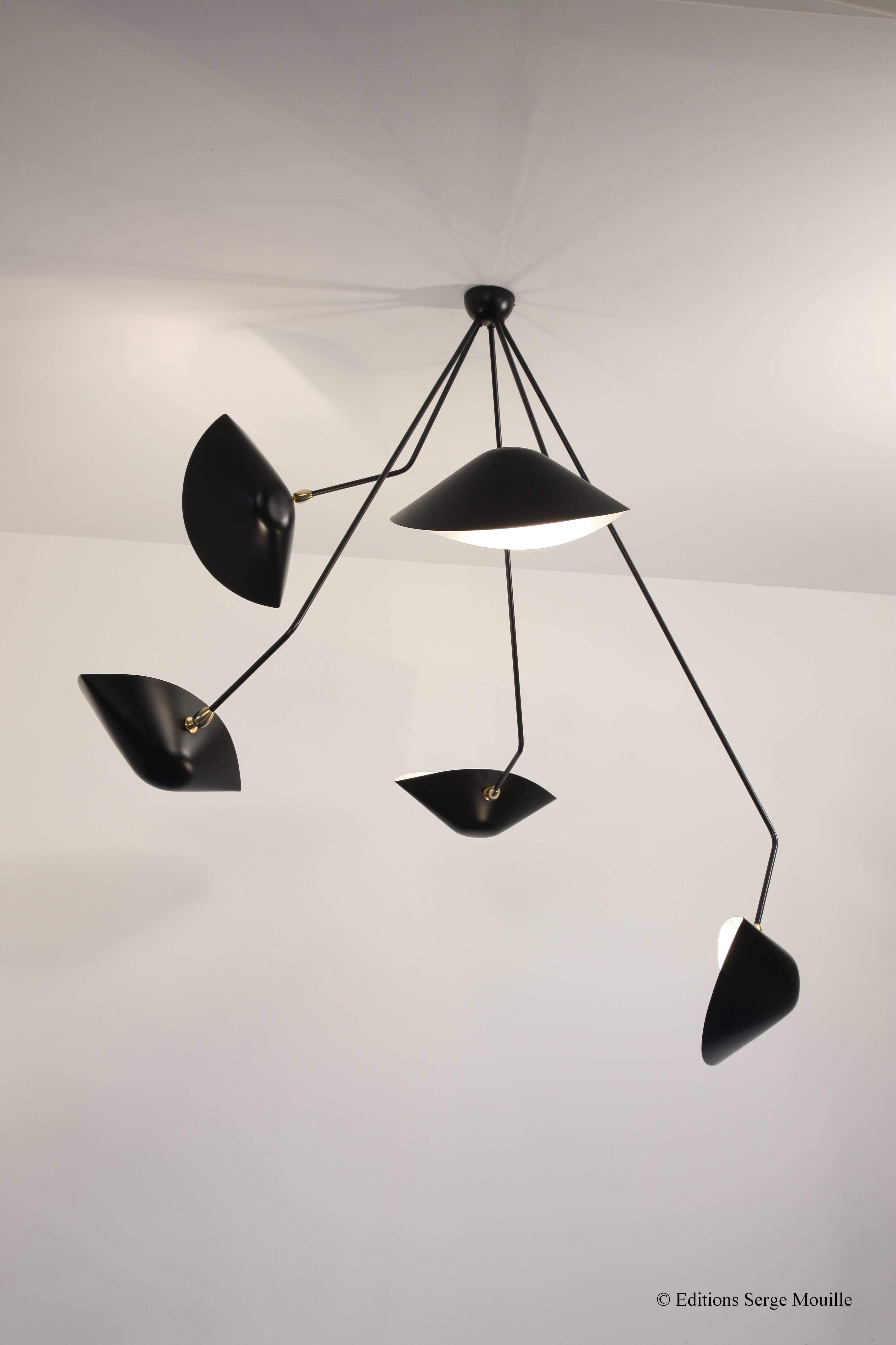 Serge Mouille ceiling lamp spider five broken arms by Les Editions Serge Mouille.