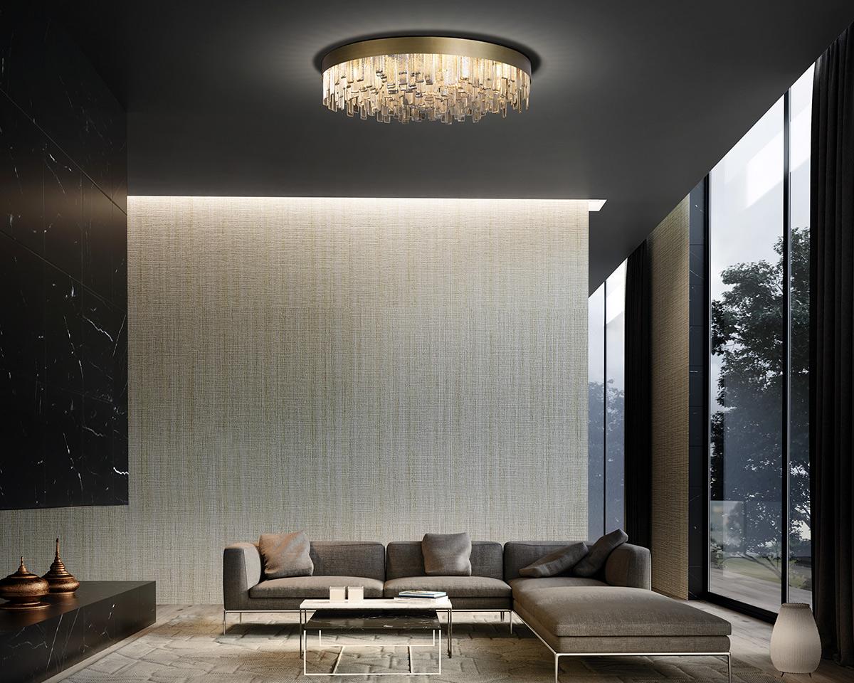 Plafoniera Cosmopolitan con listelli trasparenti di Murano, apparecchio in bronzo spazzolato di Multiforme.
La plafoniera in stile moderno Cosmopolitan, della nostra collezione Progressive, è un'opera di illuminazione estremamente versatile che può