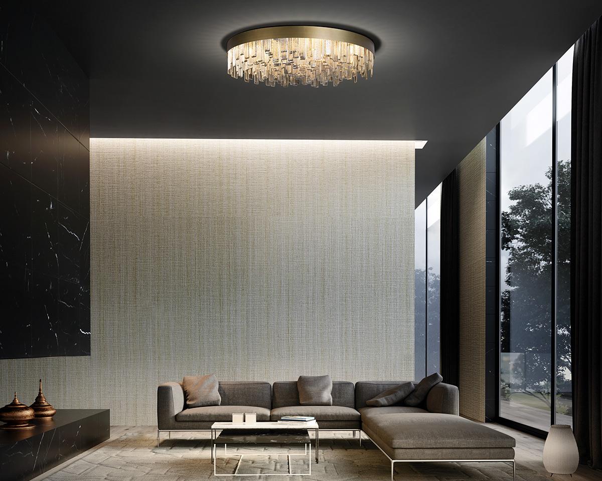 Cosmopolitan ceiling light clear Murano listels, brushed bronze fixture by Multiforme.
The modern style ceiling light Cosmopolitan, from our Progressive collection, is an extremely versatile lighting work that can be customized in many different