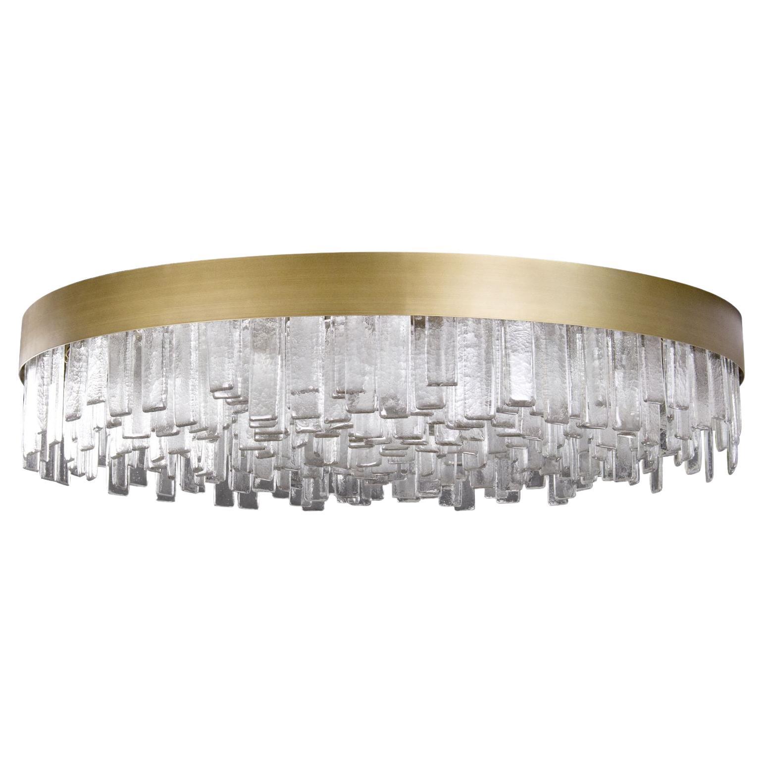 Ceiling Round Light, Clear Murano Glass, Brushed Bronze Fixture by Multiforme