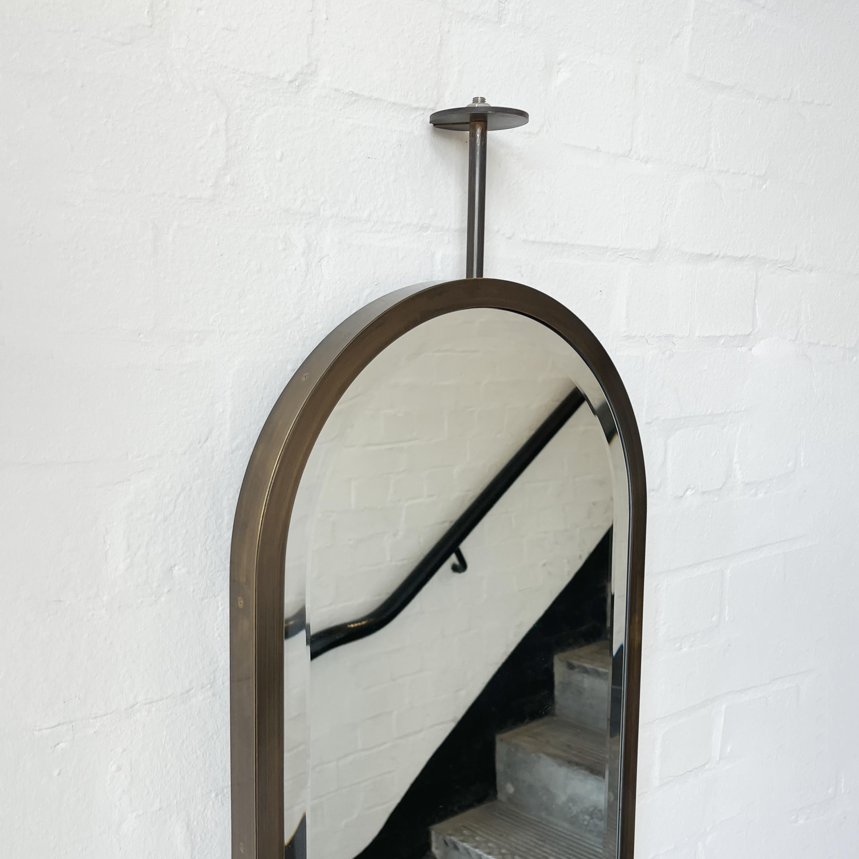 Ceiling Suspended Capsula Pill shaped Bevelled Mirror with Bronze Patina Frame For Sale 1