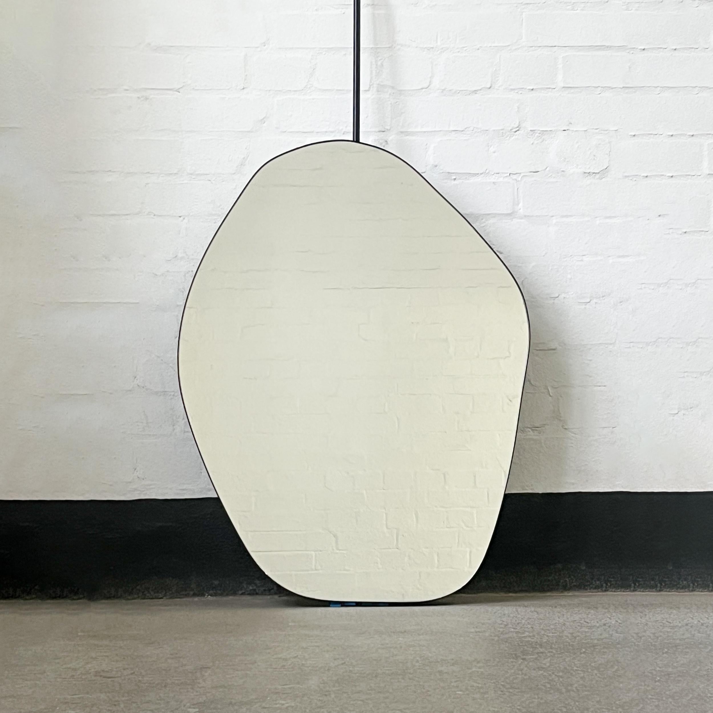 Powder-Coated Roca Ceiling Suspended Freeform Mirror with Minimalist Black Frame For Sale