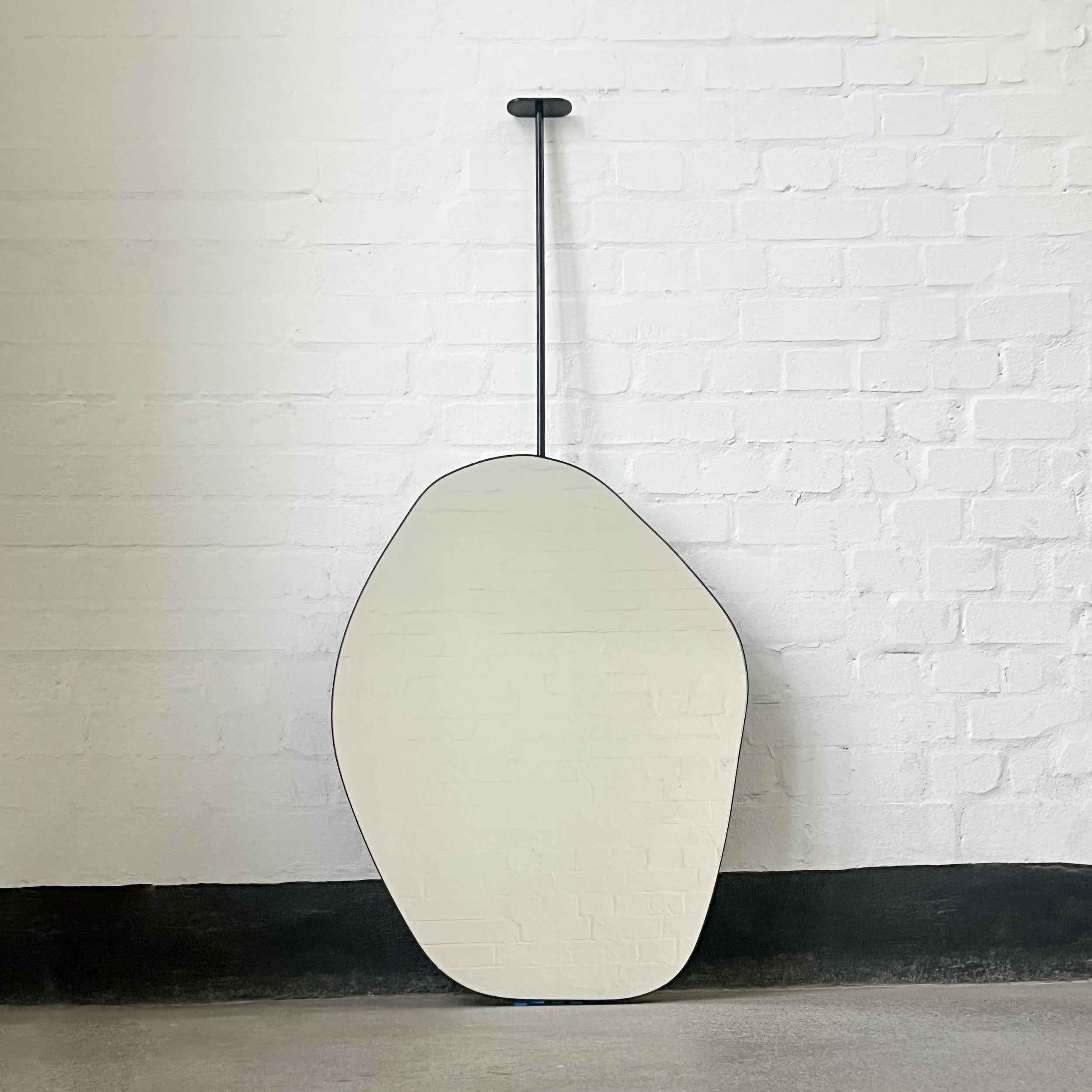 Aluminum Roca Ceiling Suspended Freeform Mirror with Minimalist Black Frame For Sale