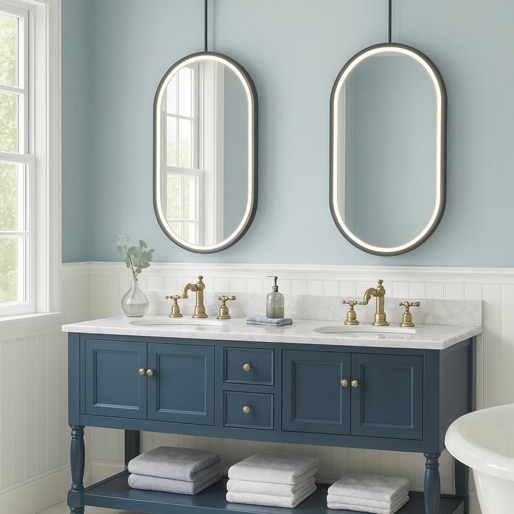 Miroir à capsule lumineux suspendu au plafond avec cadre intégral noir contemporain en vente 5