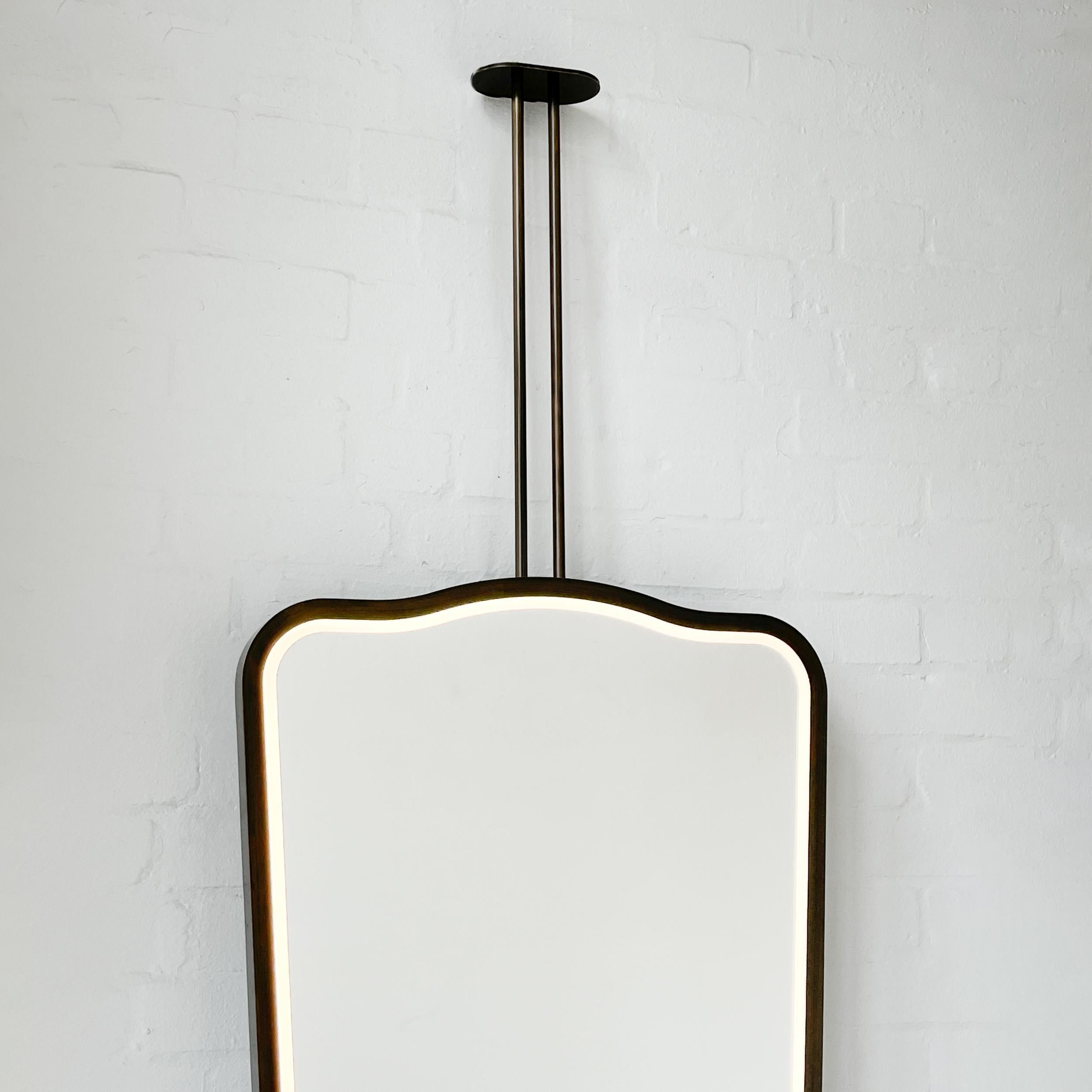 Mid-Century Modern Miroir lumineux suspendu au plafond, cadre patine bronze, 2 bras, Vintage N.4 en vente