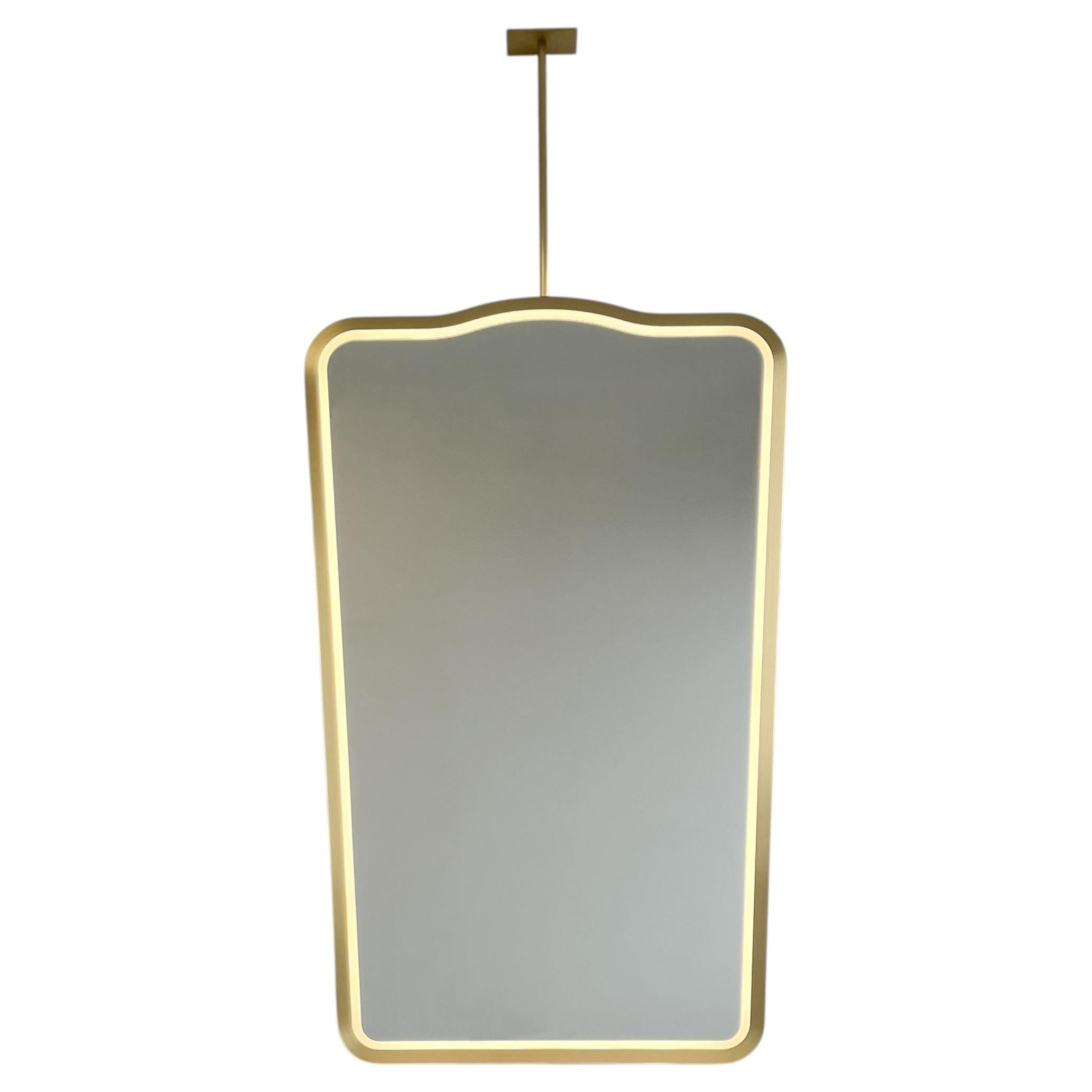 Ceiling Suspended Illuminated Mirror with Brass Frame, Vintage N.4