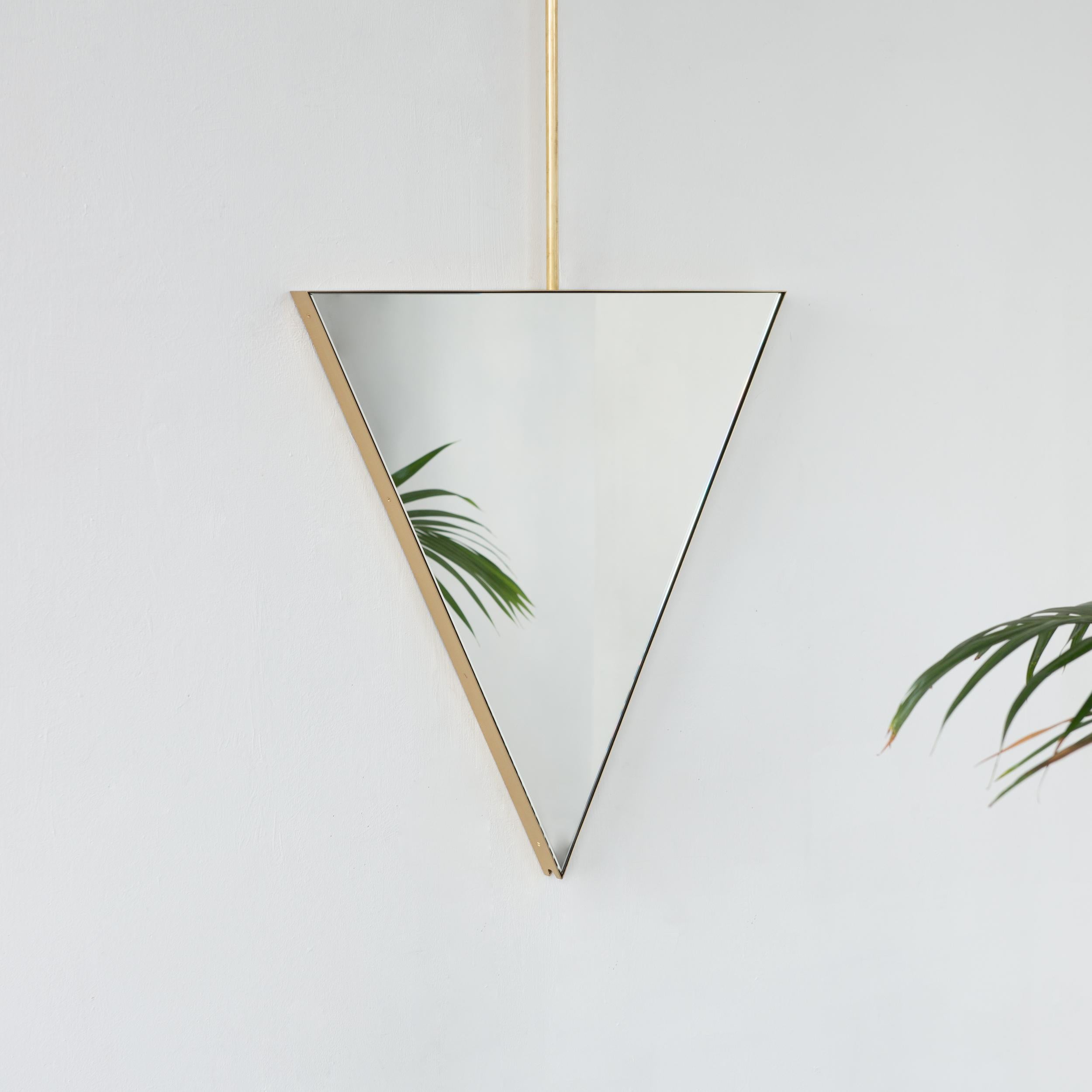 Organic Modern Ceiling Suspended Triangular Reversible Mirror with Modern Brass Frame For Sale