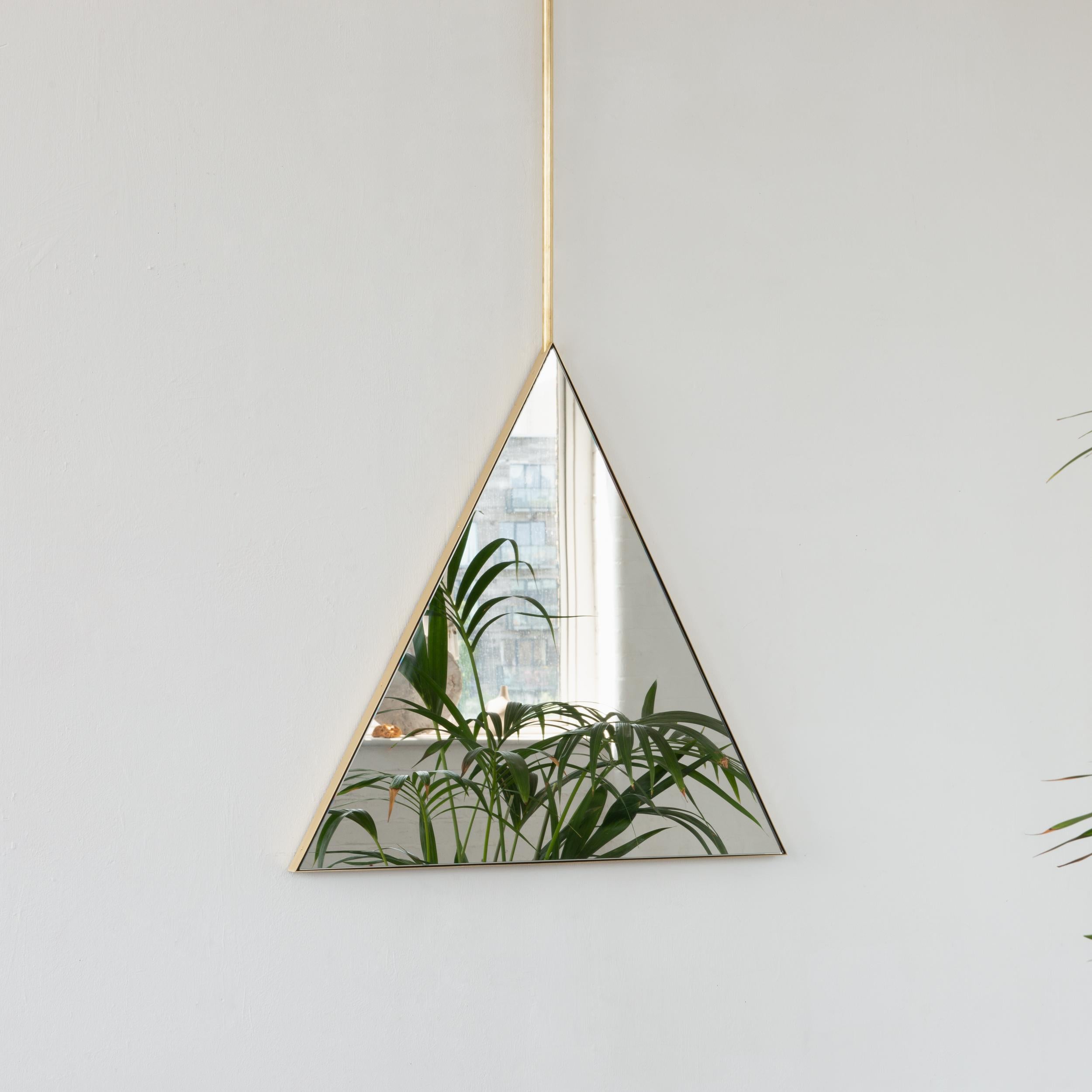 British Ceiling Suspended Triangular Reversible Mirror with Modern Brass Frame For Sale