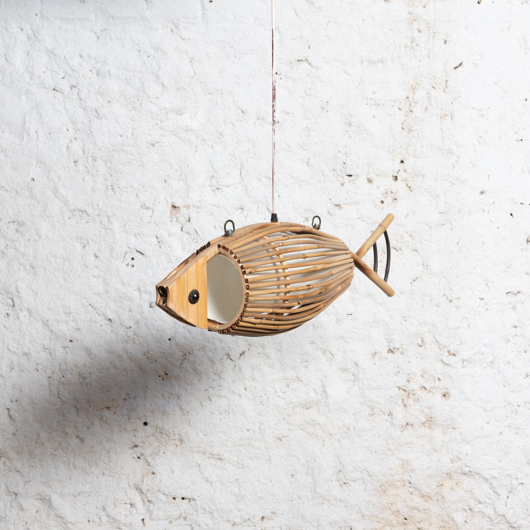 Ceiling Wooden Fish Shaped Lamp, circa 1970  In Good Condition In Barcelona, Barcelona