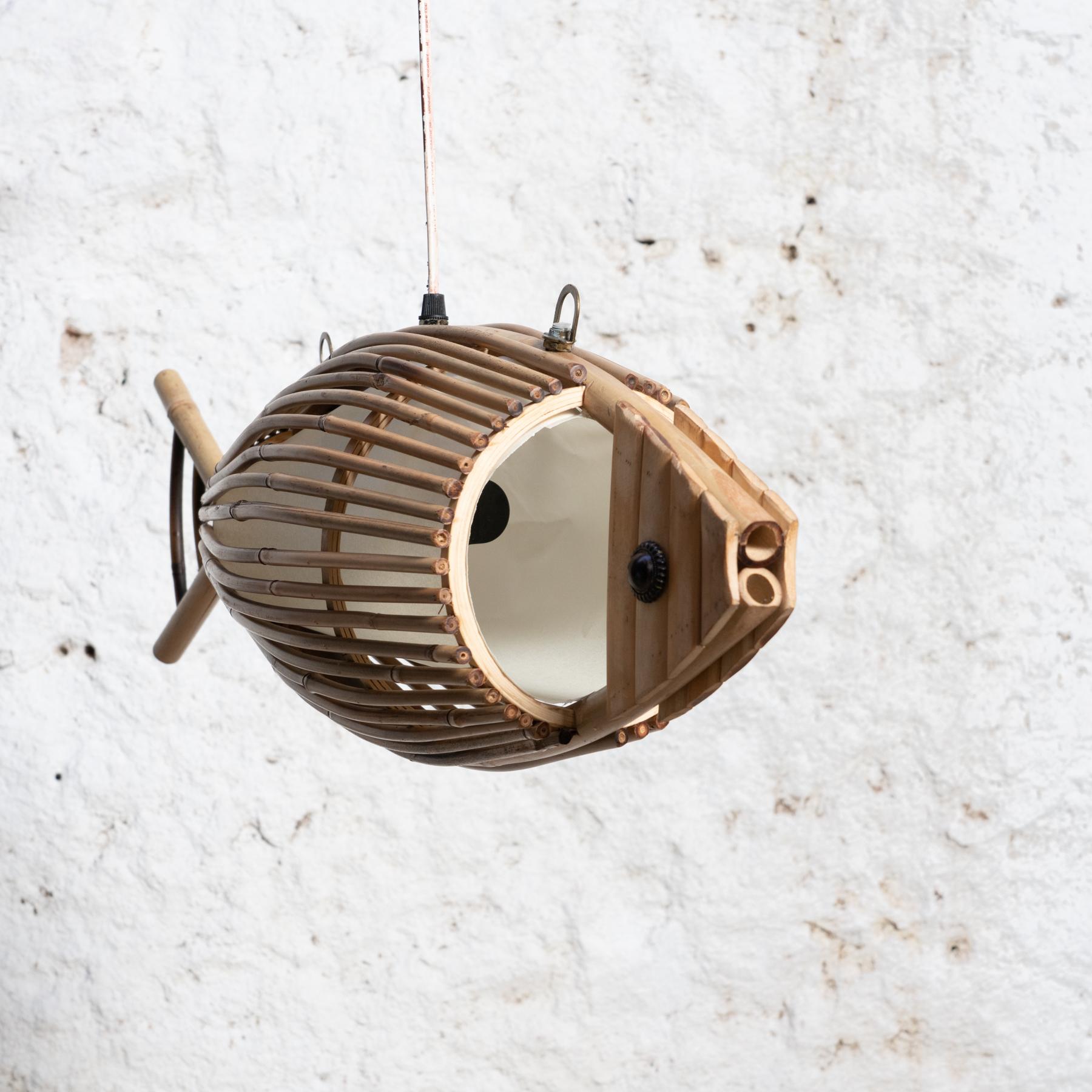 Ceiling Wooden Fish Shaped Lamp, circa 1970  1