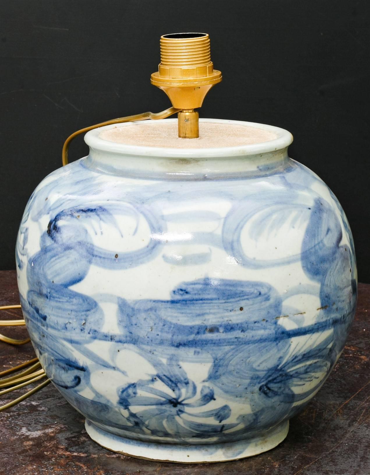 Chinese Two Celadon and Blue Glazed Stoneware Table Lamps
