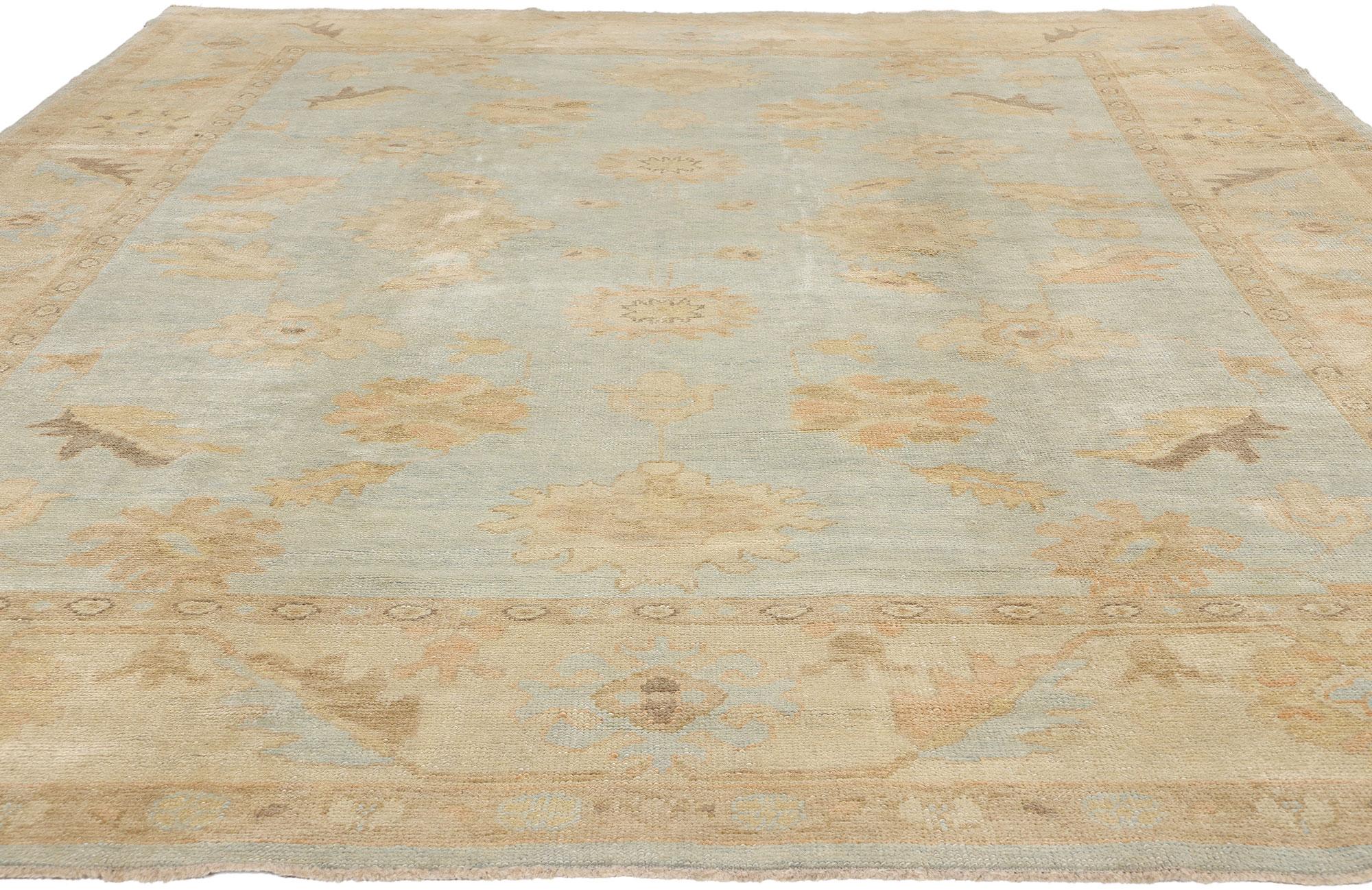Hand-Knotted Celadon Bloom Contemporary Turkish Oushak Rug For Sale