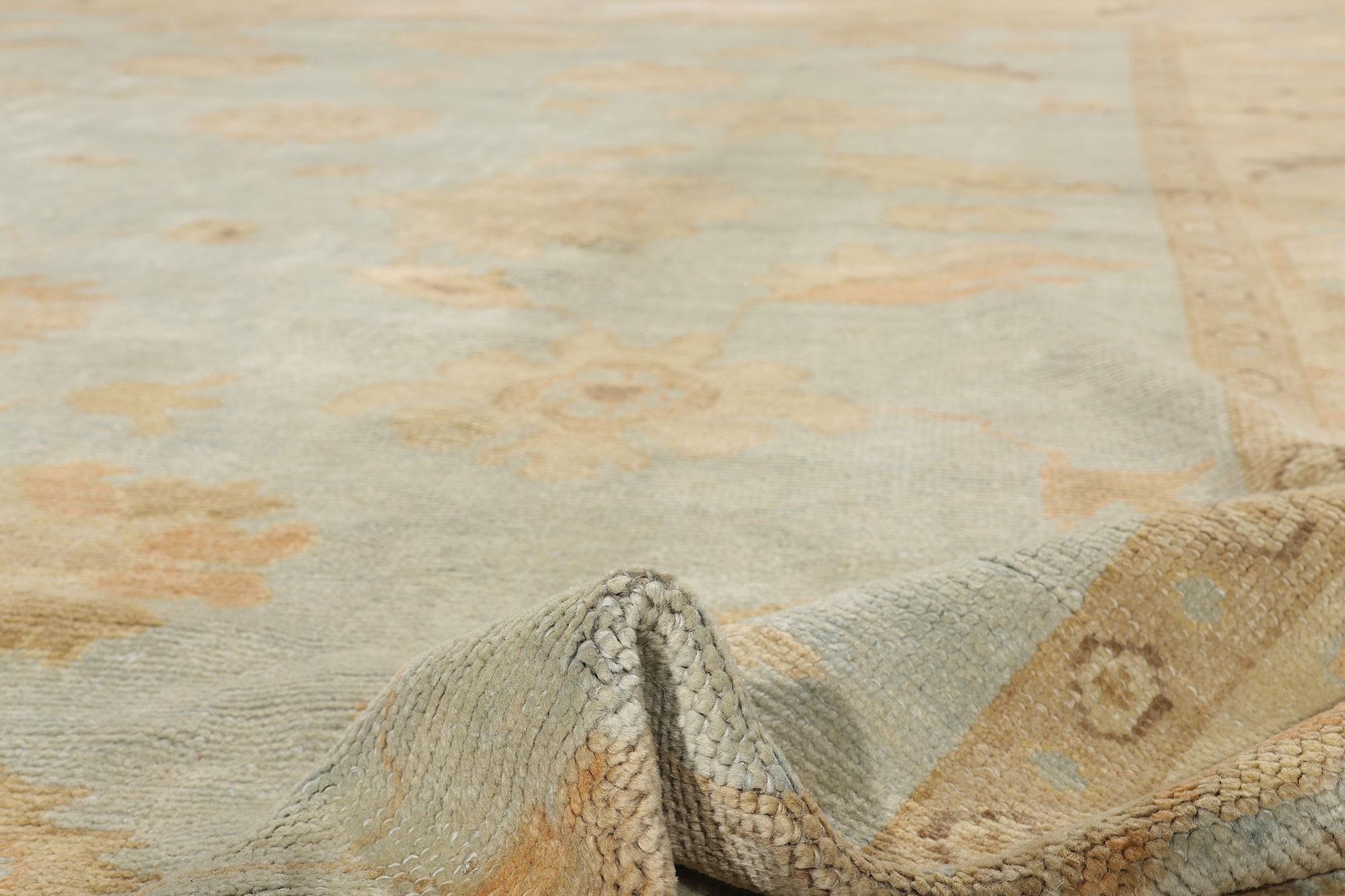 Wool Celadon Bloom Contemporary Turkish Oushak Rug For Sale