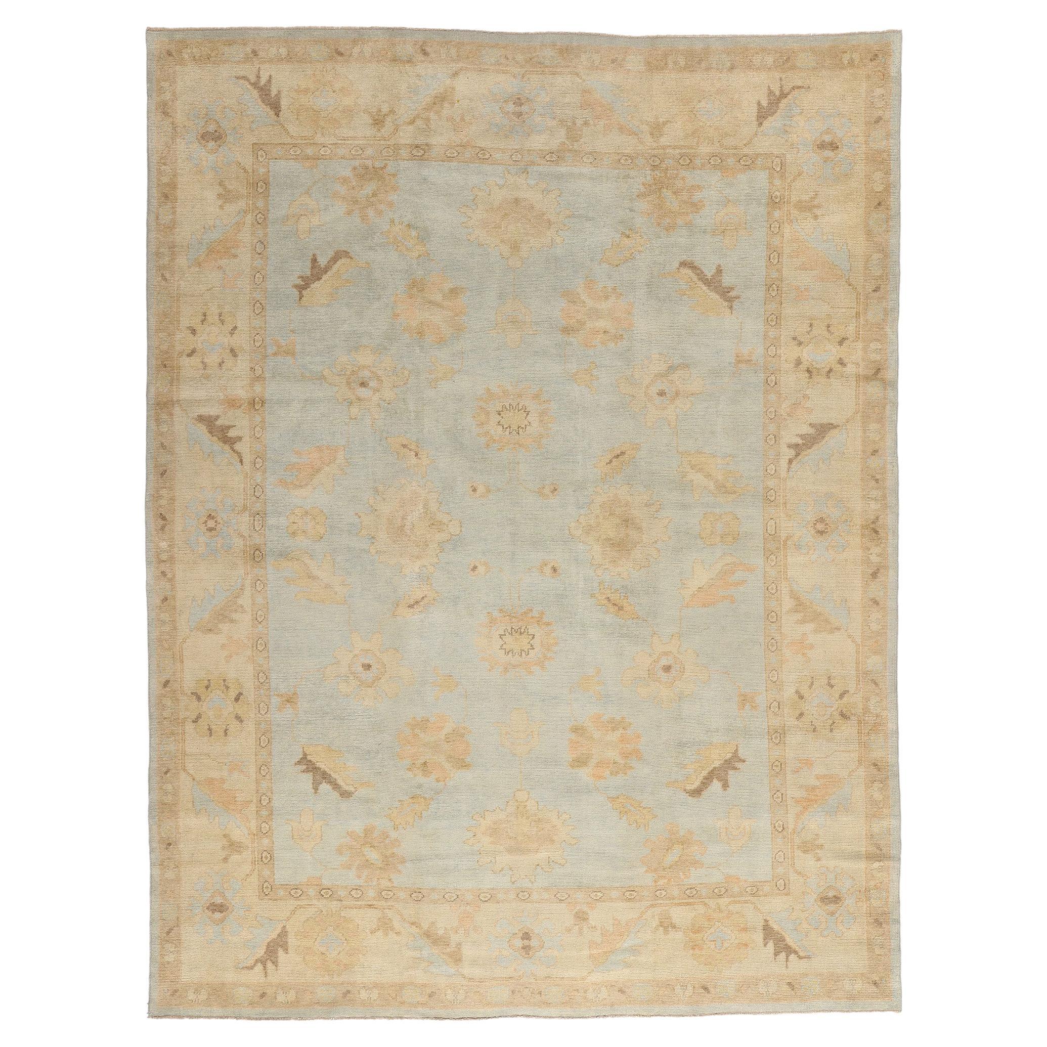 Celadon Bloom Contemporary Turkish Oushak Rug For Sale