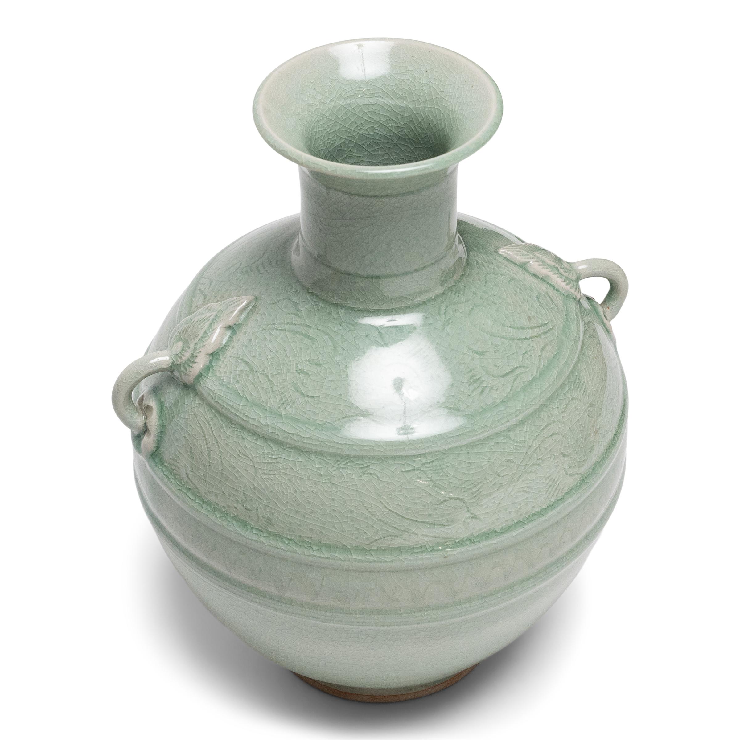 Minimalist Celadon Bottle Vase with Bird Etchings For Sale