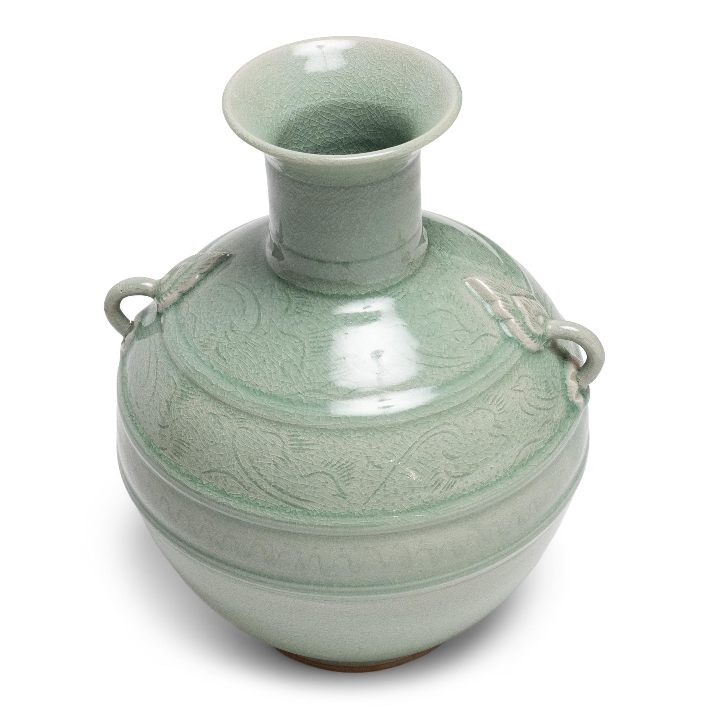Minimalist Celadon Bottle Vase with Bird Etchings For Sale