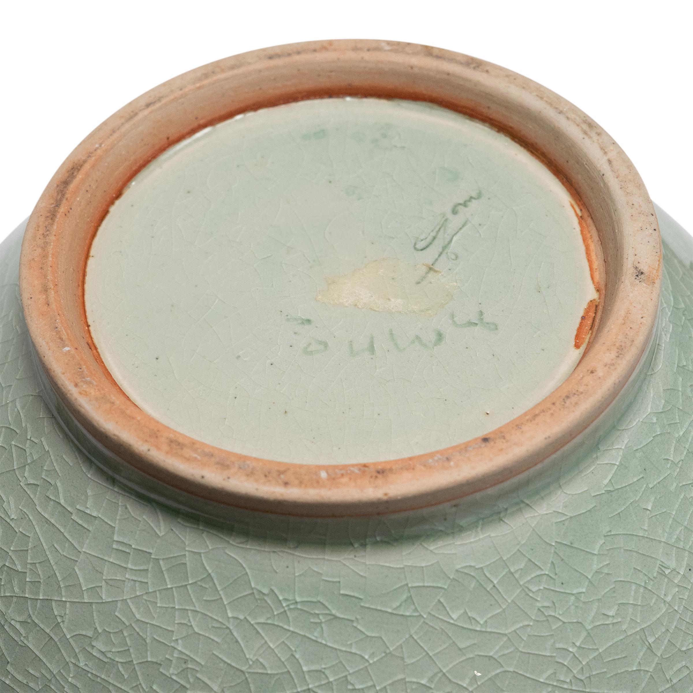 Etched Celadon Bottle Vase with Bird Etchings For Sale