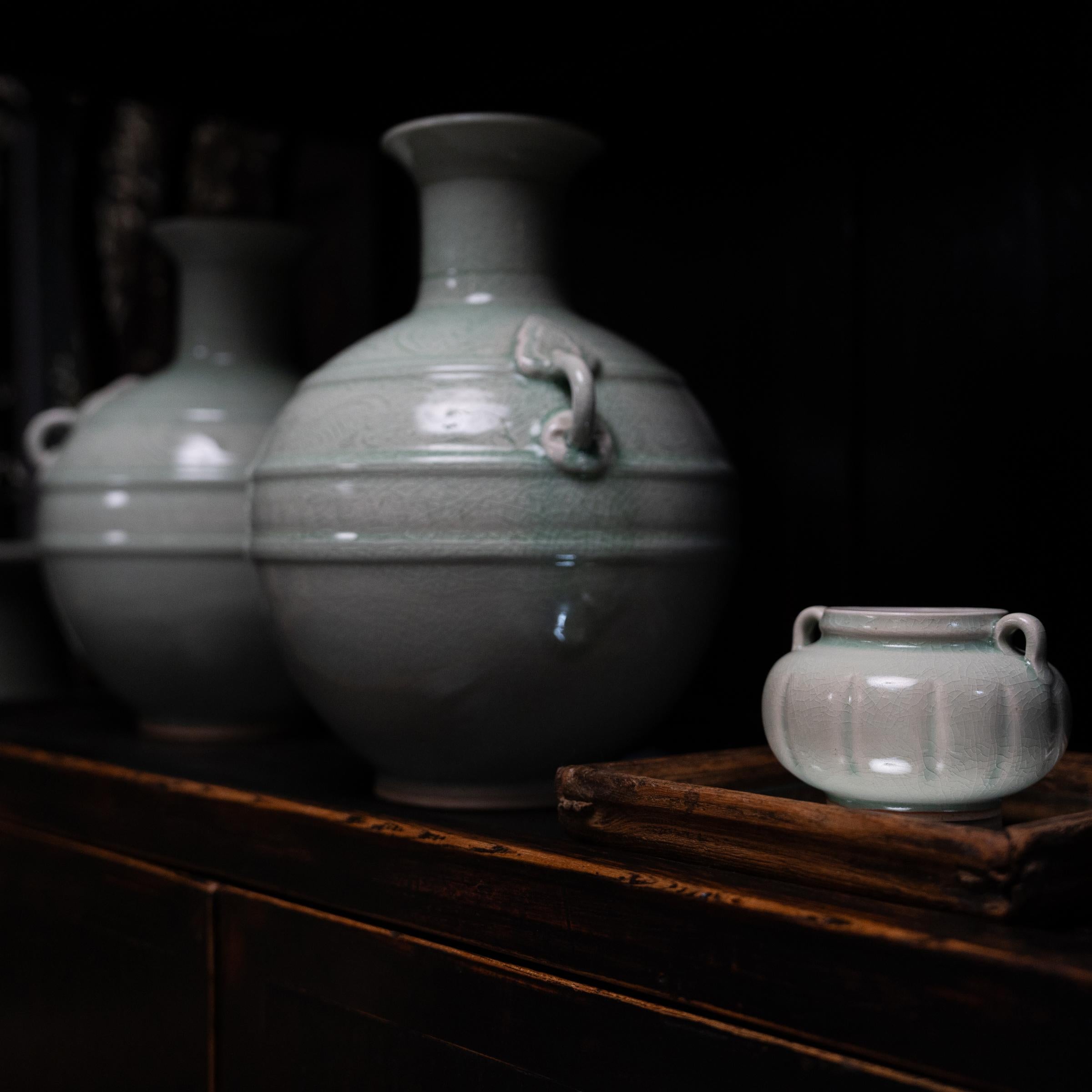 Celadon Bottle Vase with Bird Etchings For Sale 1