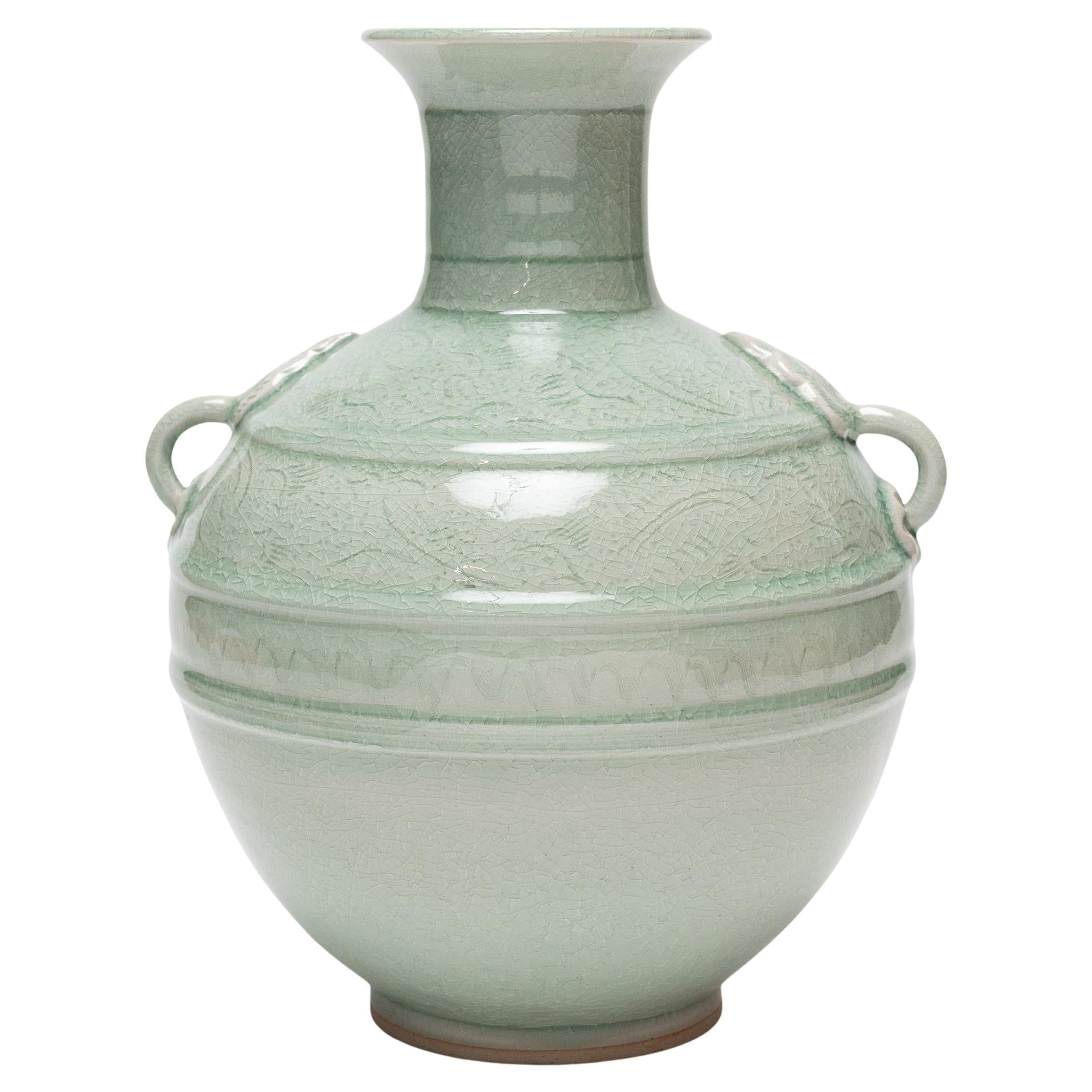 Celadon Bottle Vase with Bird Etchings