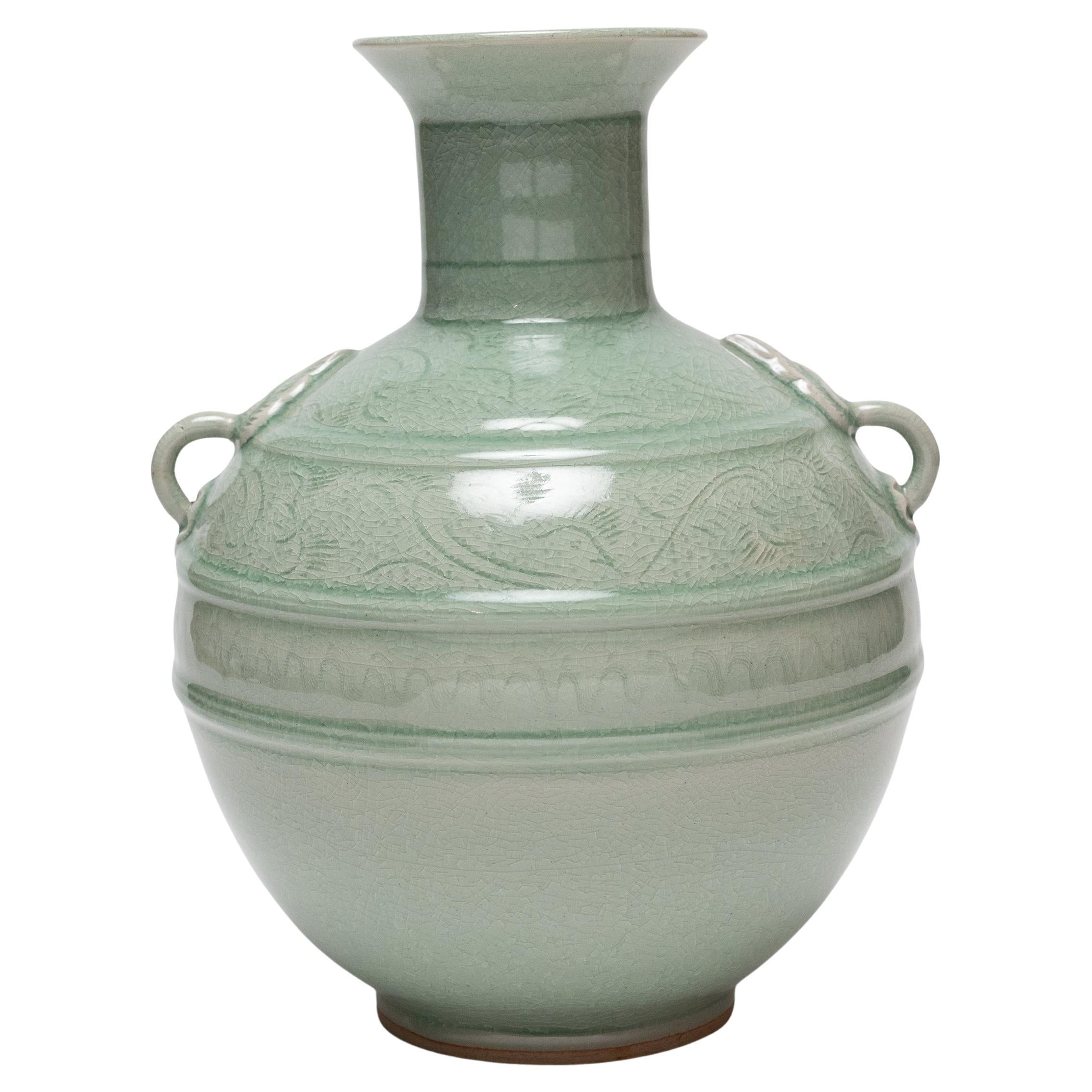 Celadon Bottle Vase with Bird Etchings
