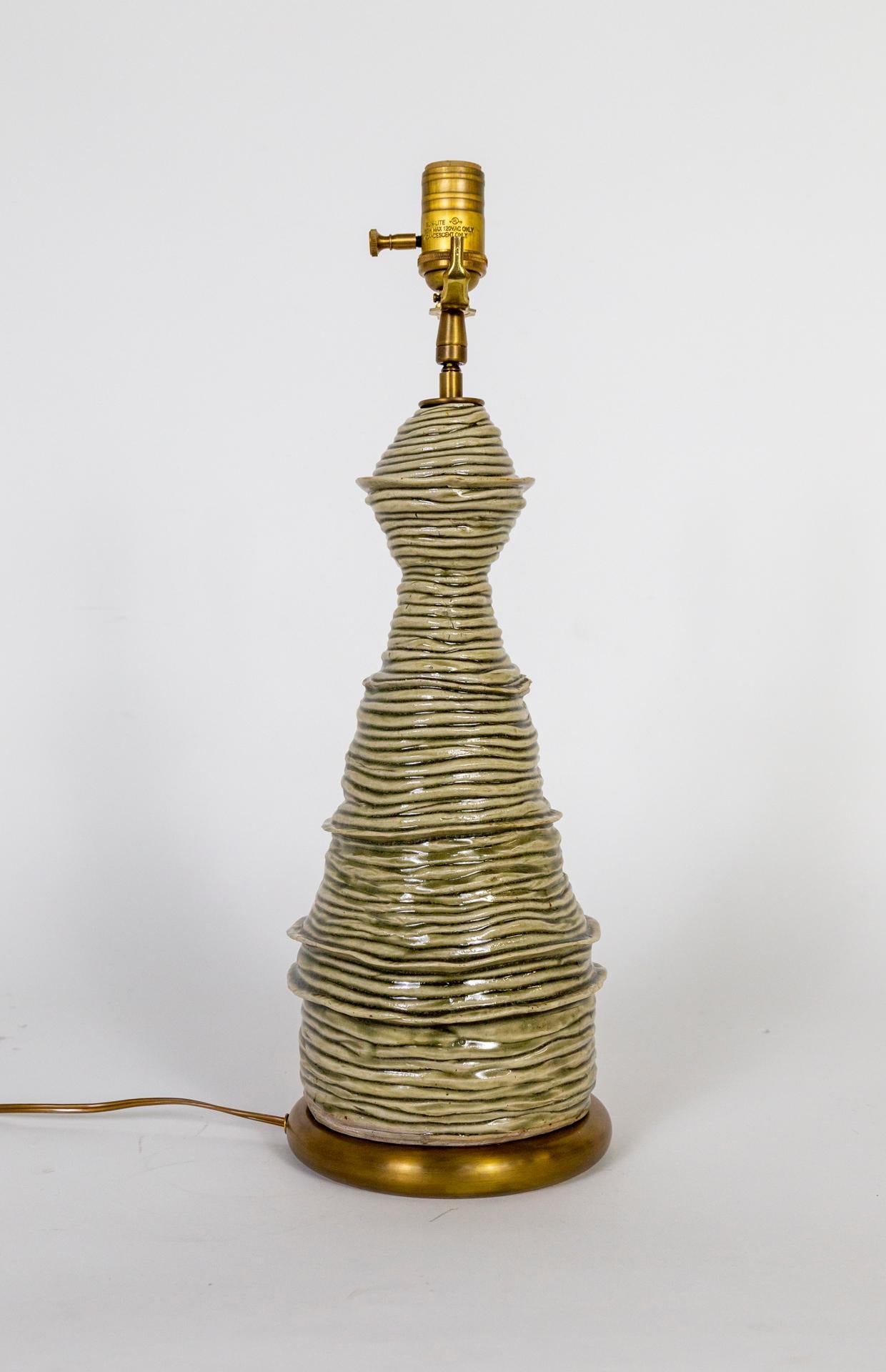 Organic Modern Celadon Ceramic Coil Tower Table Lamp