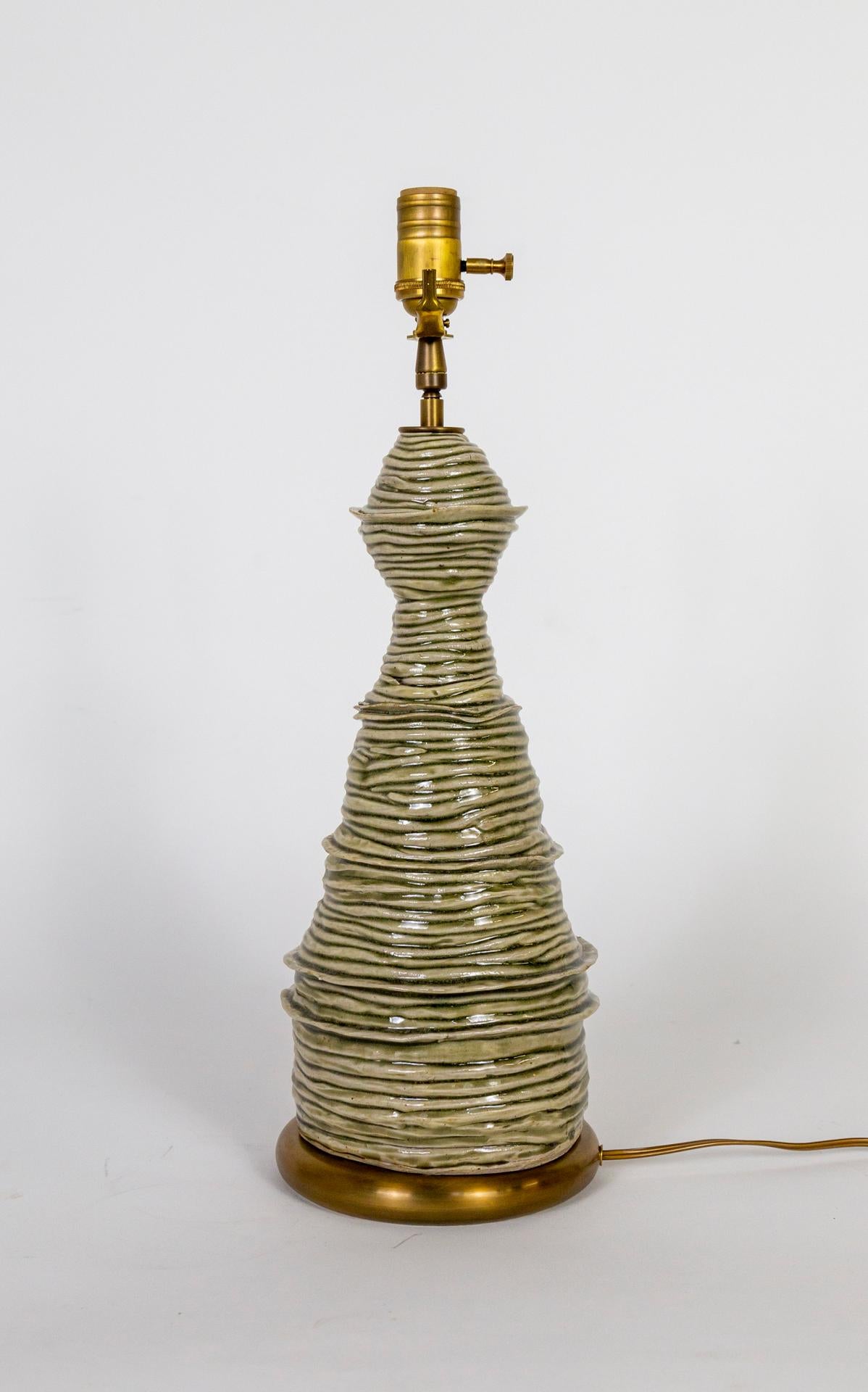 Hand-Crafted Celadon Ceramic Coil Tower Table Lamp