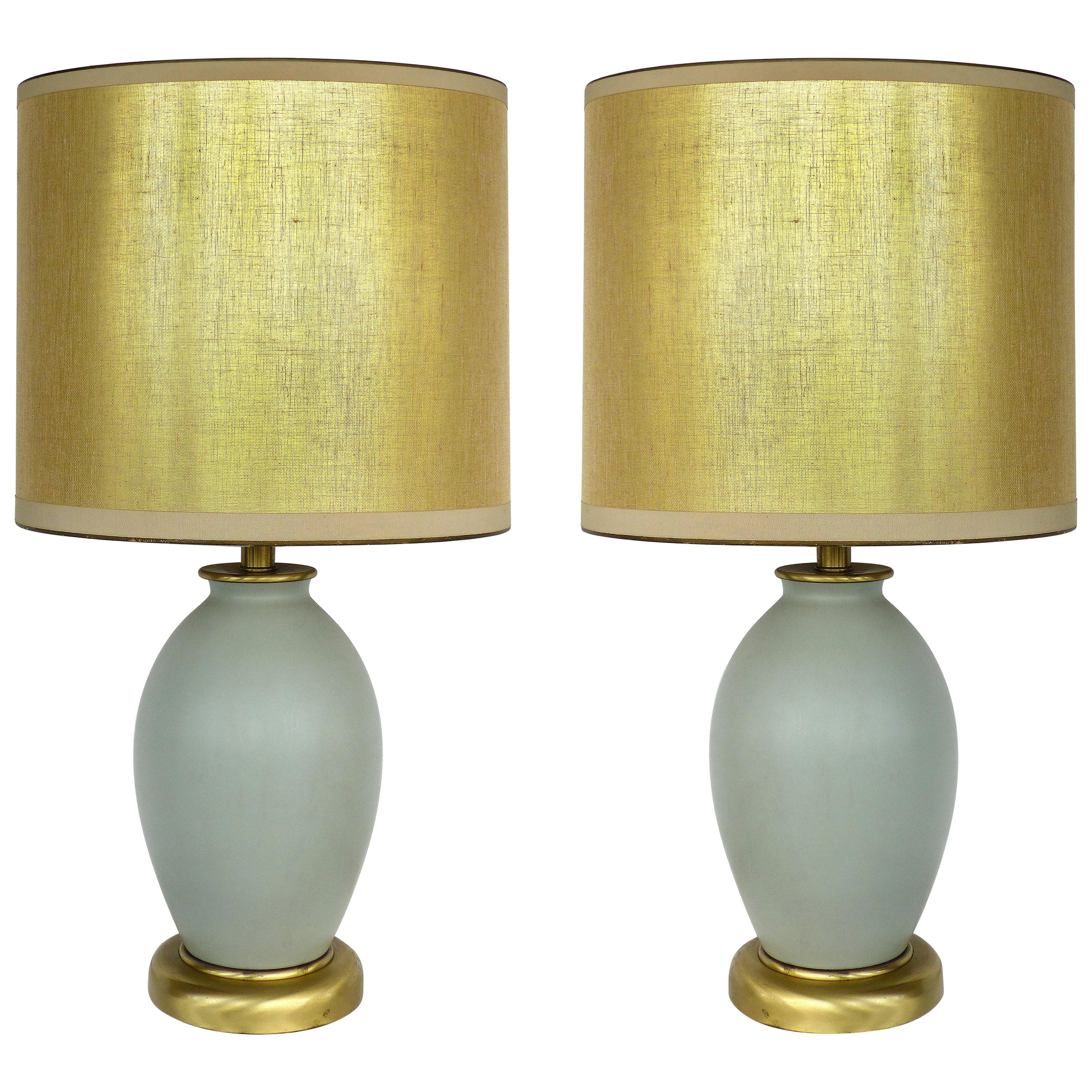 Celadon Ceramic Lamps with Shades and Brass Bases