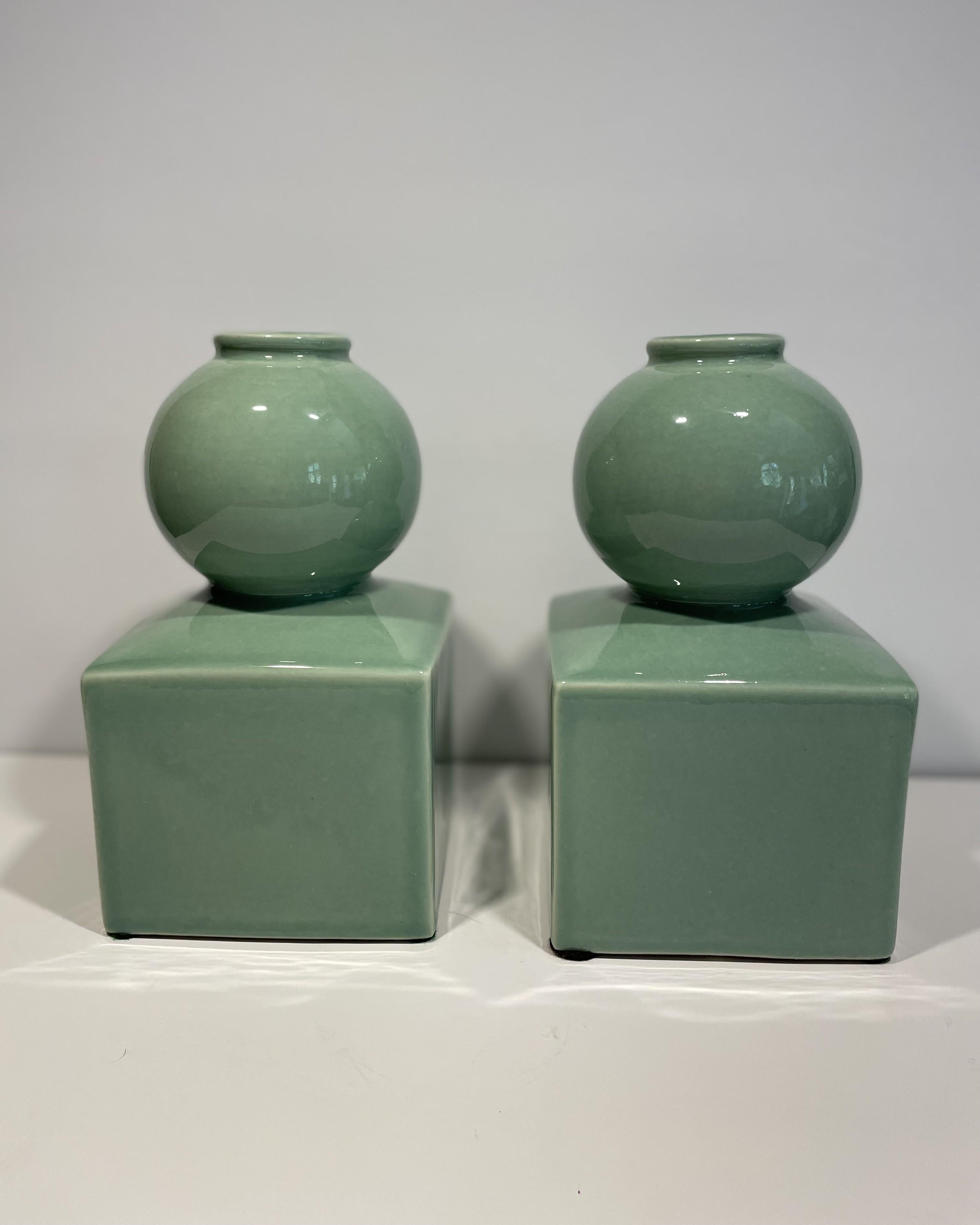 Organic Modern Celadon Ceramic Vases or Bookends Attributed to Serena & Lily -- A Pair For Sale