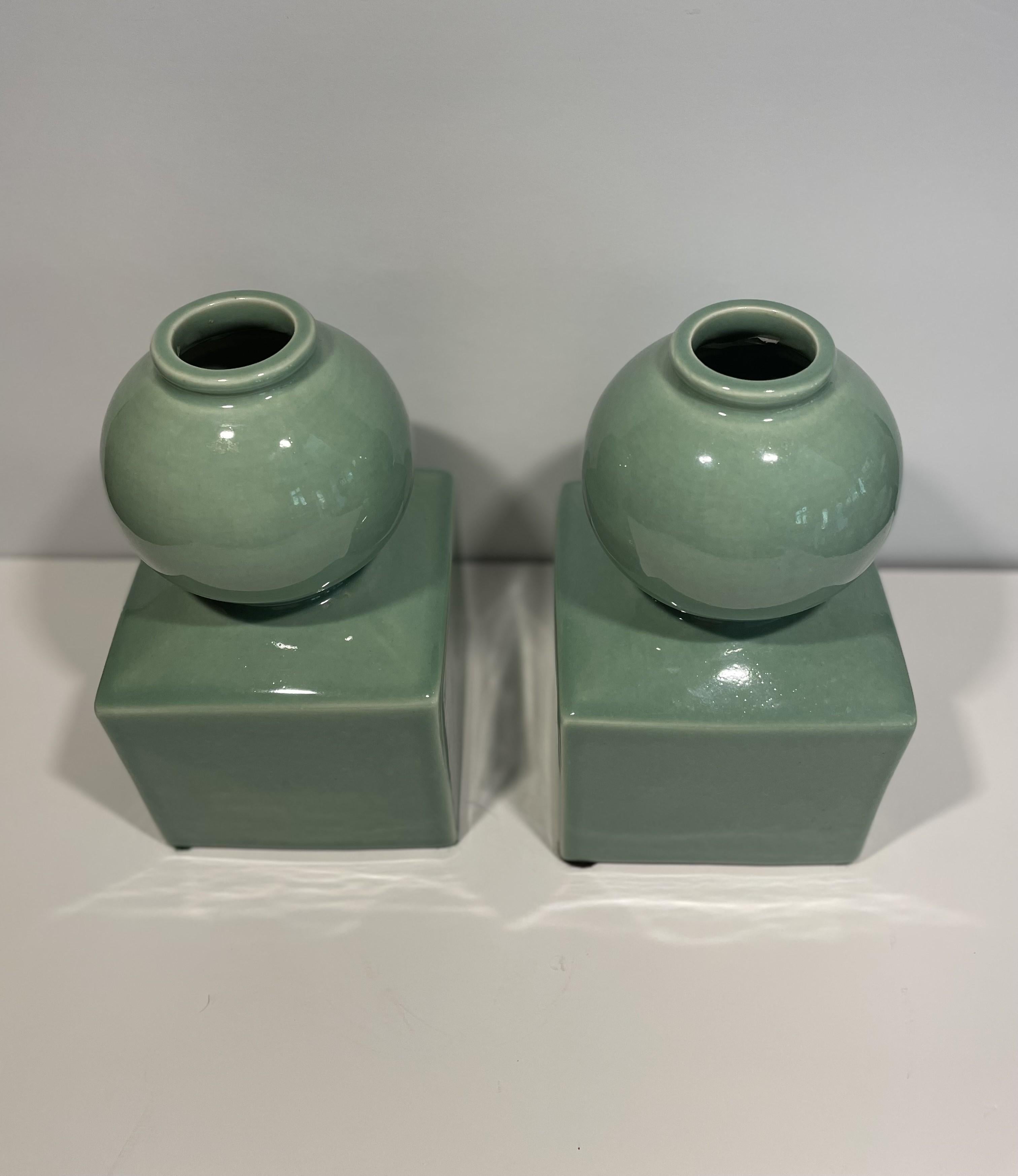 American Celadon Ceramic Vases or Bookends Attributed to Serena & Lily -- A Pair For Sale