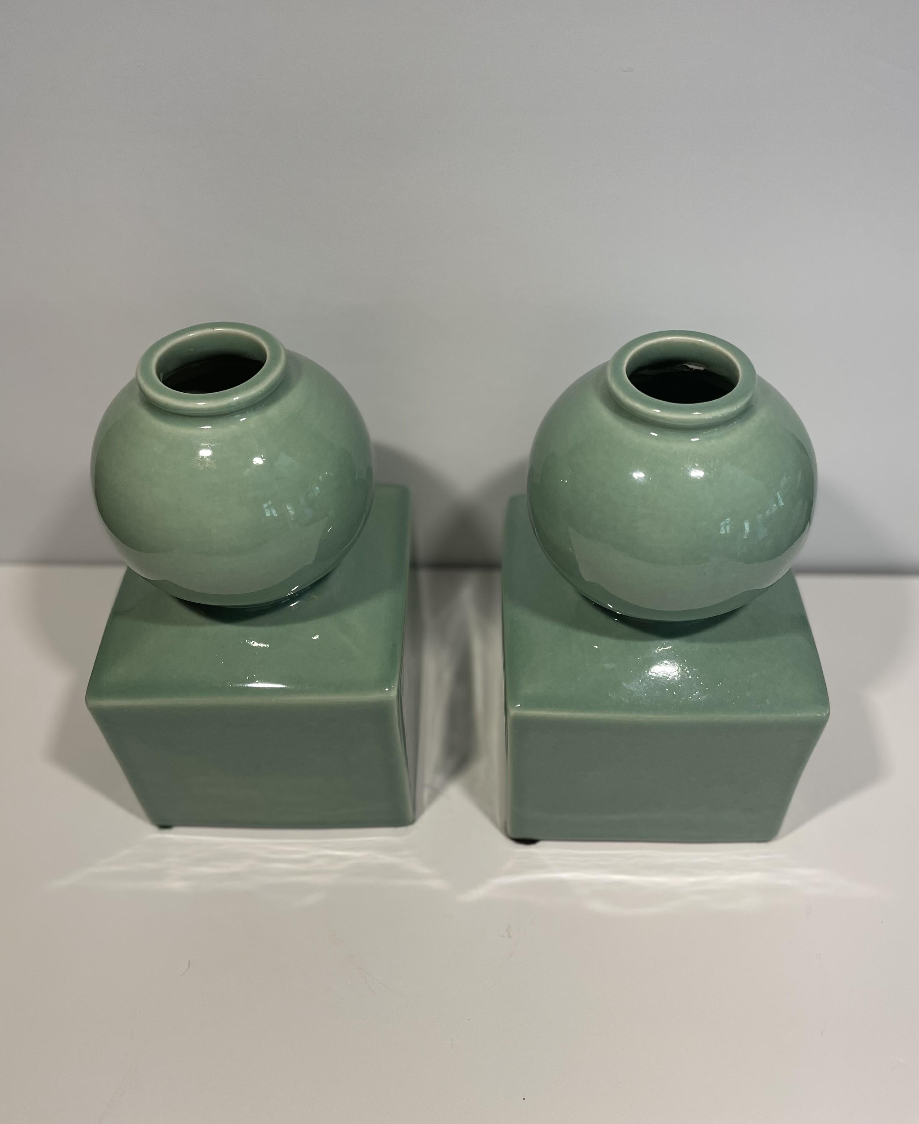 Celadon Ceramic Vases or Bookends Attributed to Serena & Lily -- A Pair In Excellent Condition For Sale In Austin, TX