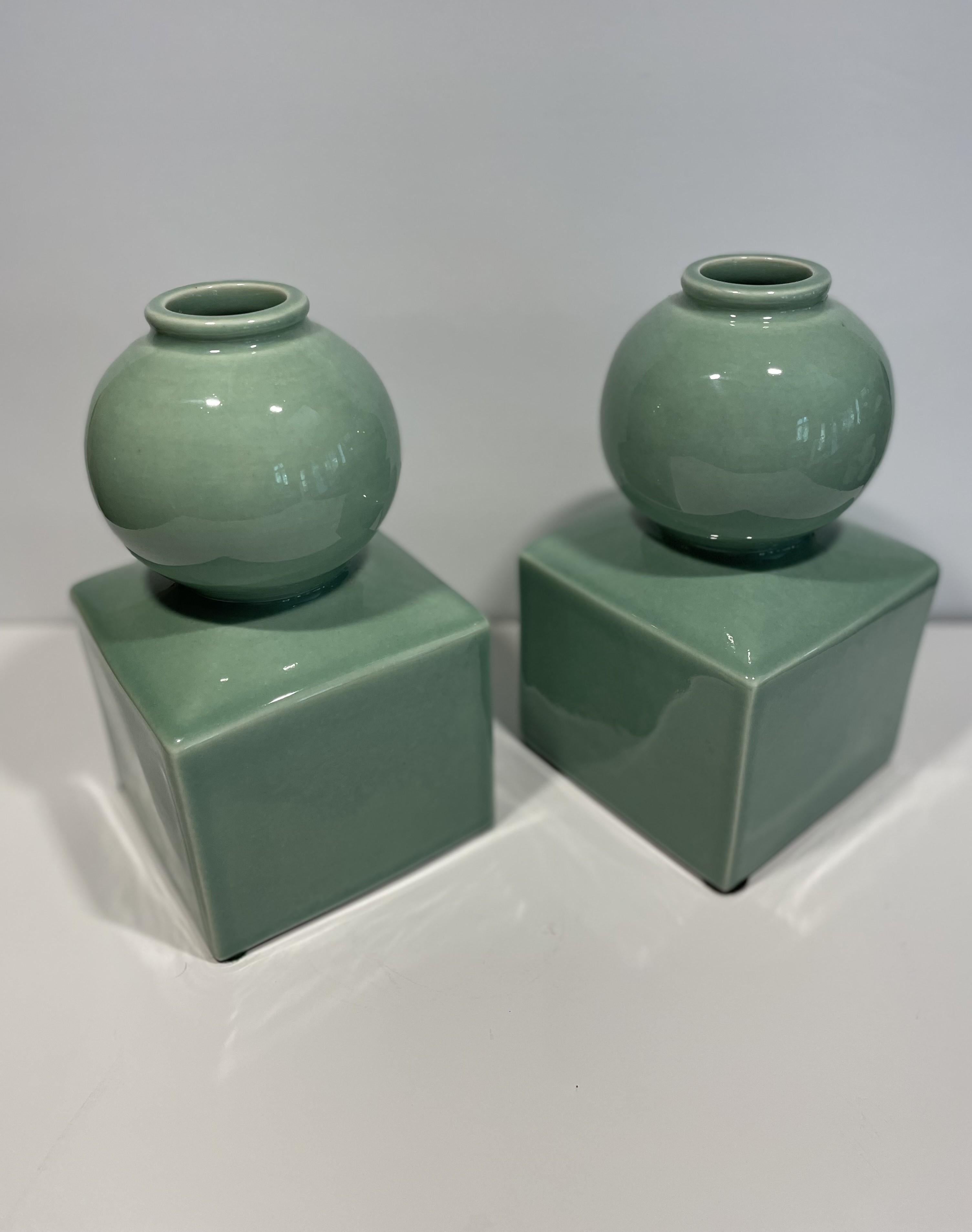 Contemporary Celadon Ceramic Vases or Bookends Attributed to Serena & Lily -- A Pair For Sale