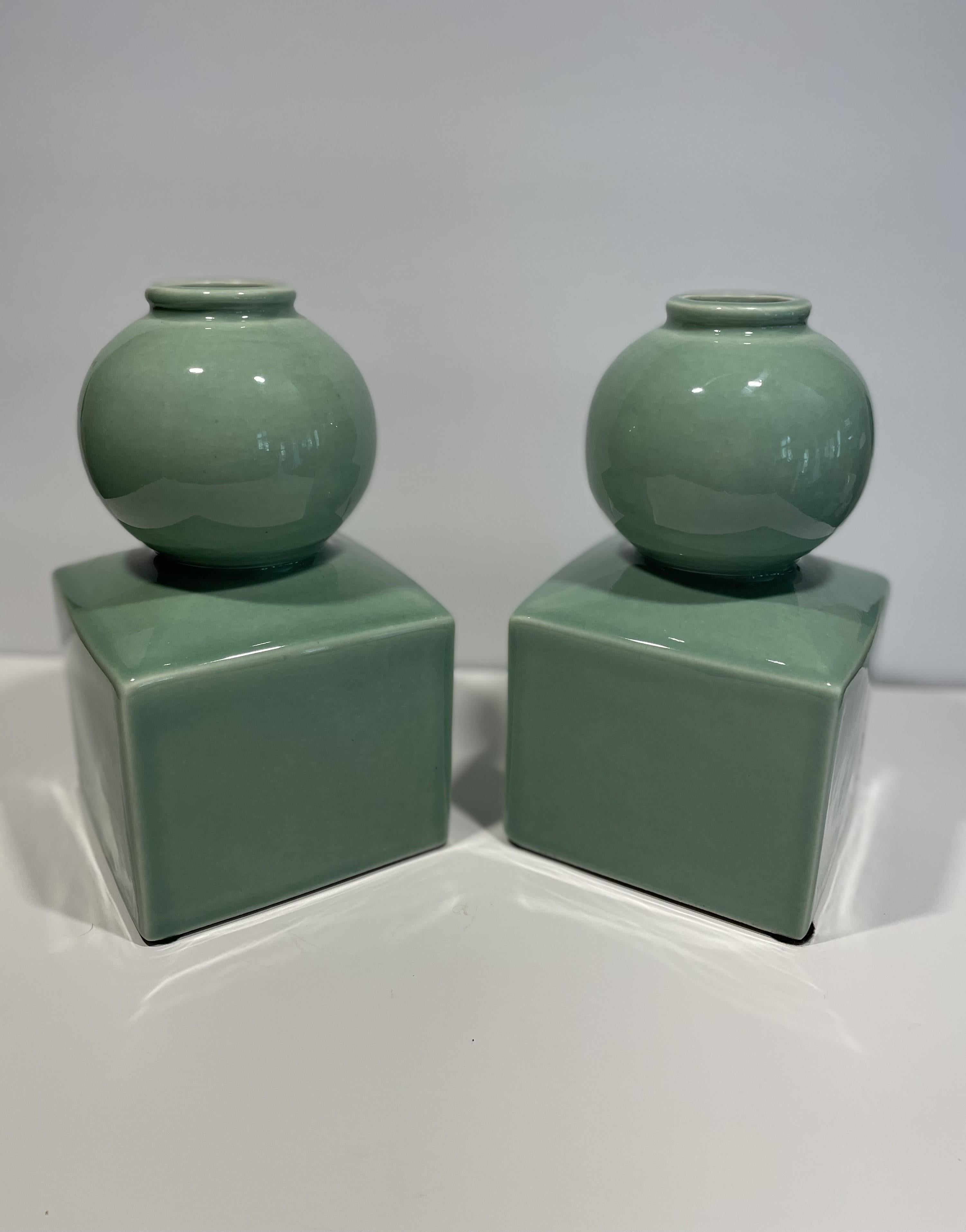 Celadon Ceramic Vases or Bookends Attributed to Serena & Lily -- A Pair For Sale 1