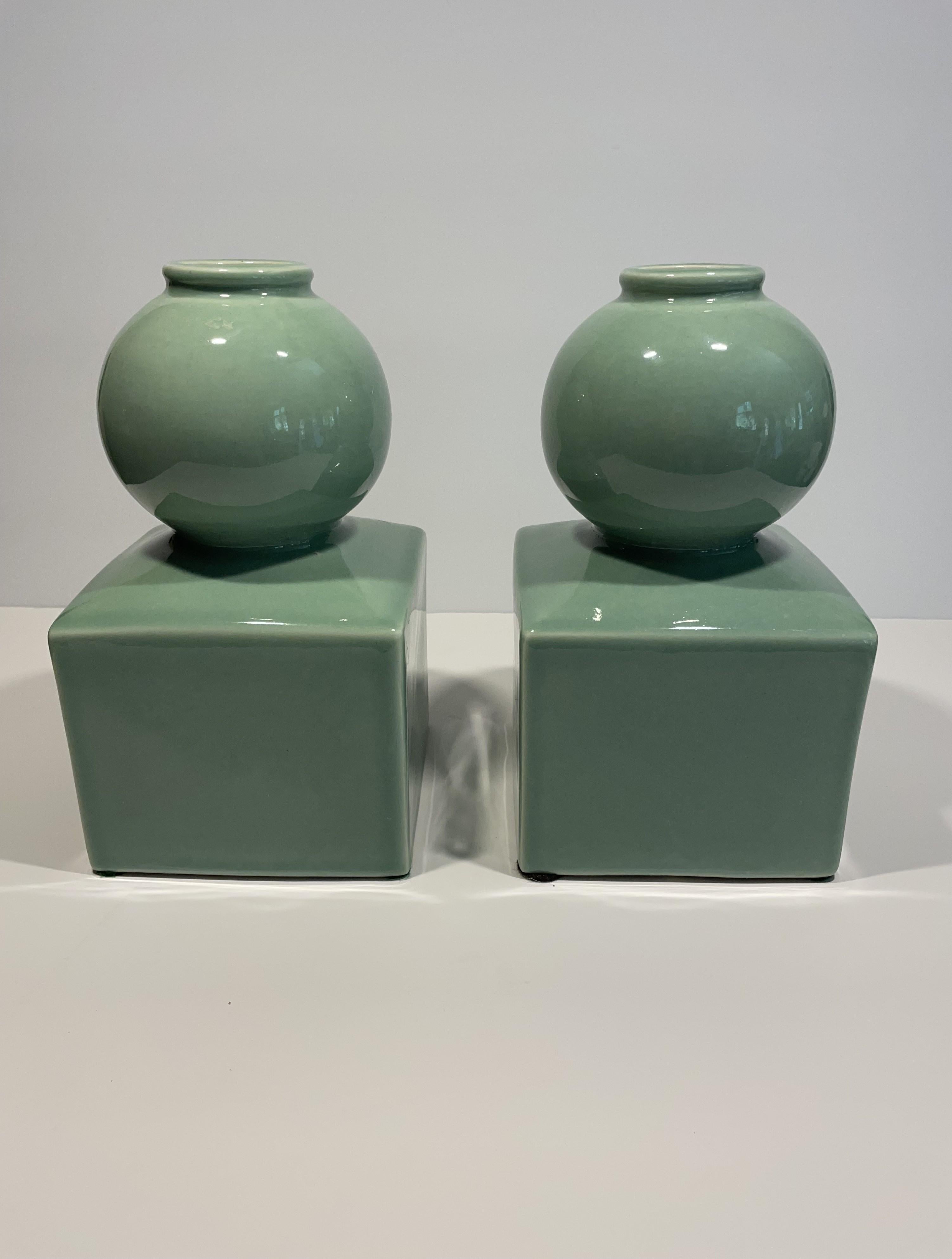 Celadon Ceramic Vases or Bookends Attributed to Serena & Lily -- A Pair For Sale 2