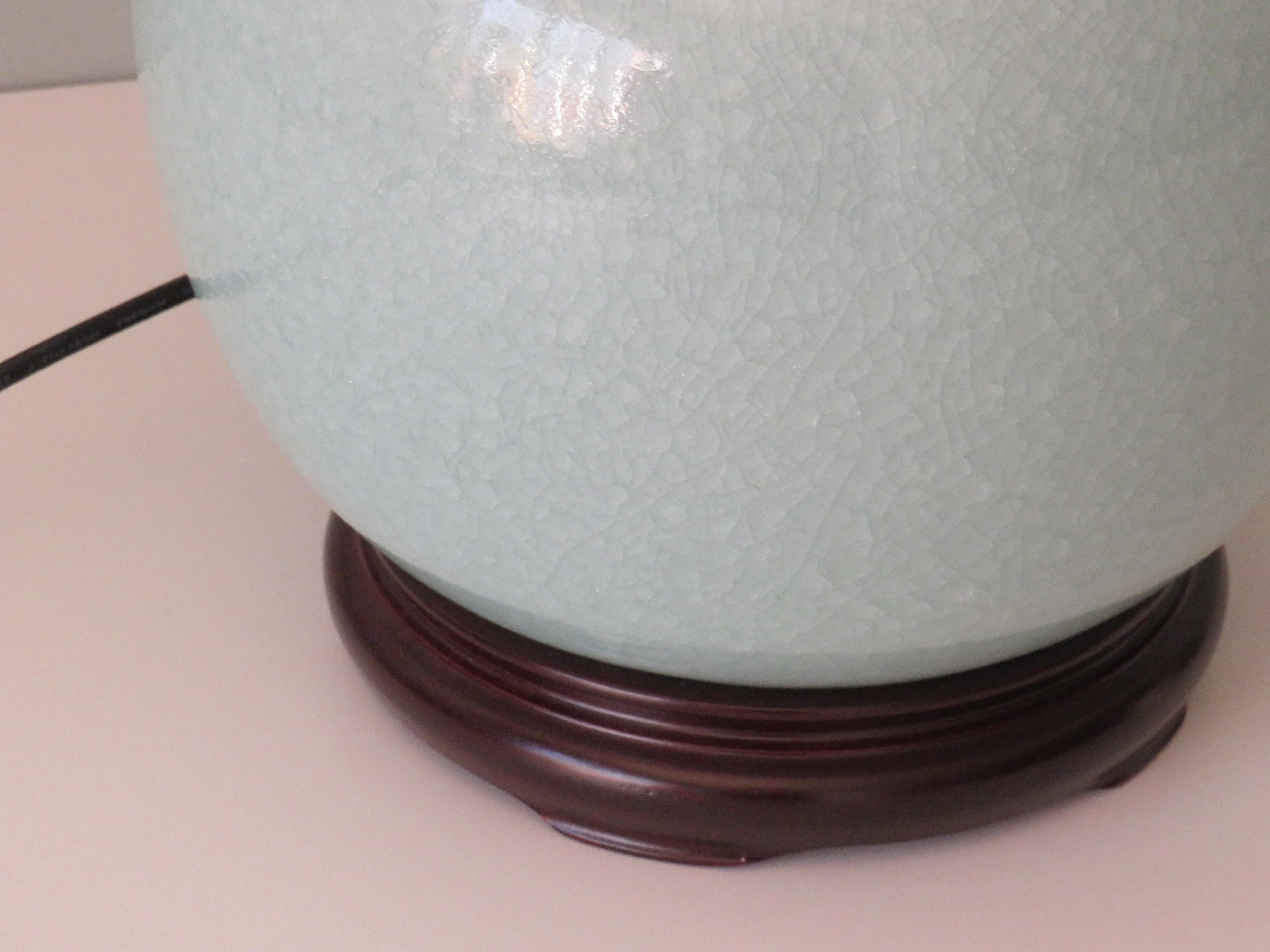 Cotton Celadon Colored Crackle Ceramic Table Lamp with New Custom Lampshade For Sale