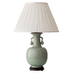 Celadon Crackle Glaze Porcelain Vase Table Lamp, Chinese, Scroll Handles