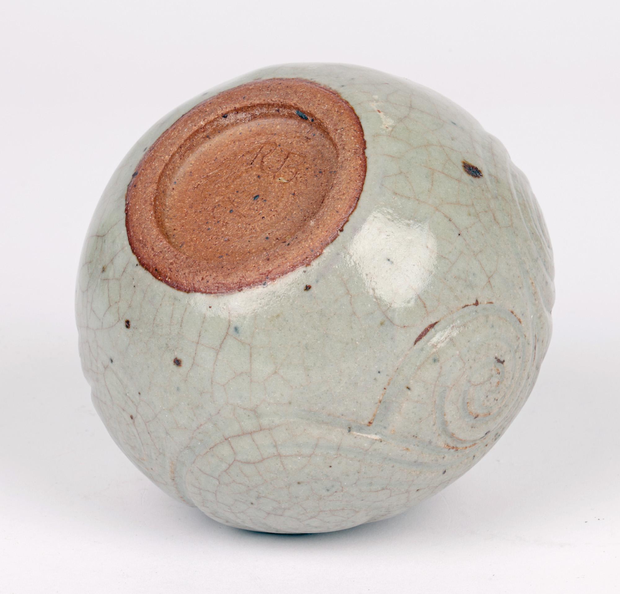 Celadon Craquel Glazed Swirl Design Studio Pottery Vase Signed For Sale 2