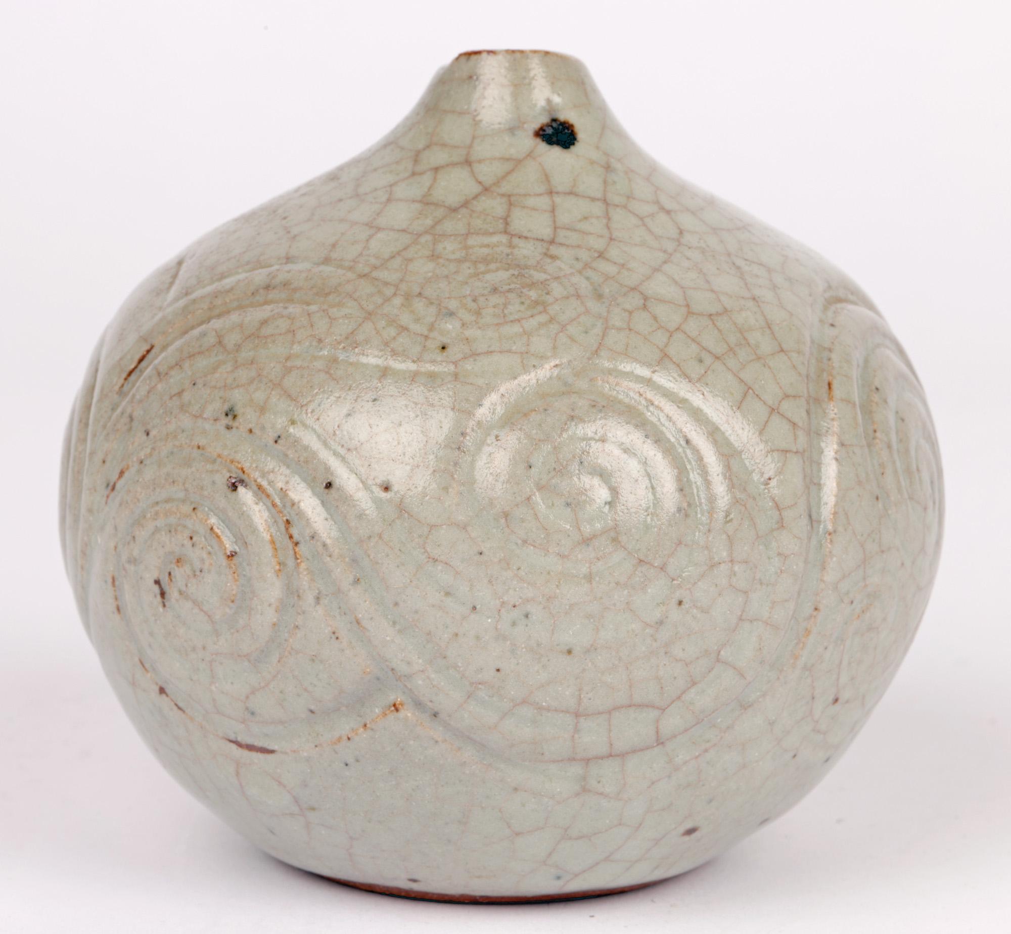 Celadon Craquel Glazed Swirl Design Studio Pottery Vase Signed For Sale 3