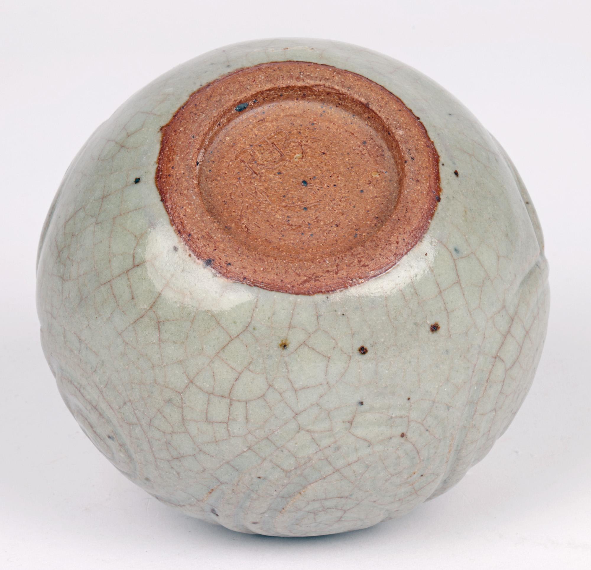 Celadon Craquel Glazed Swirl Design Studio Pottery Vase Signed For Sale 4
