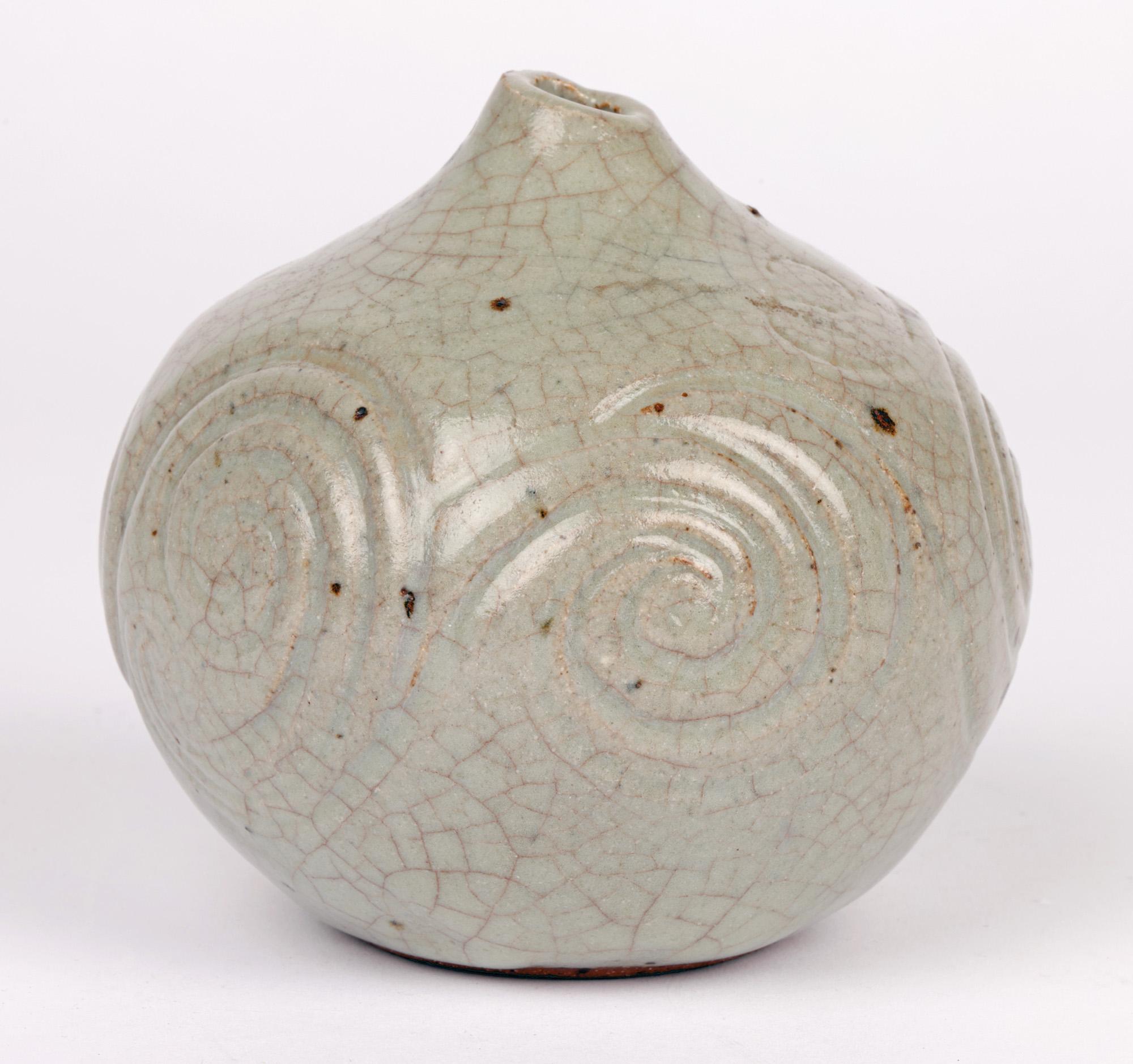Celadon Craquel Glazed Swirl Design Studio Pottery Vase Signed For Sale 6