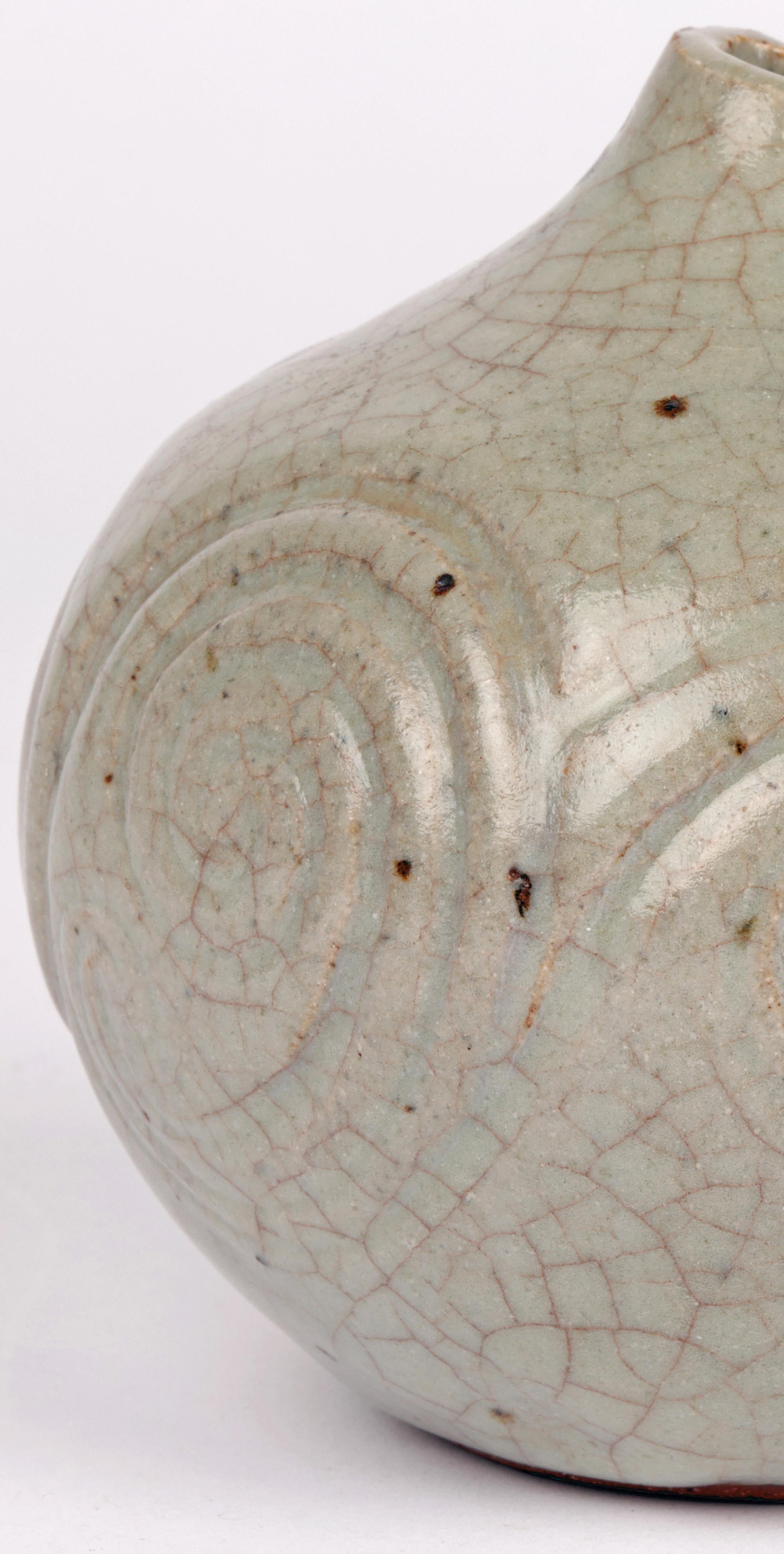 Mid-Century Modern Celadon Craquel Glazed Swirl Design Studio Pottery Vase Signed For Sale