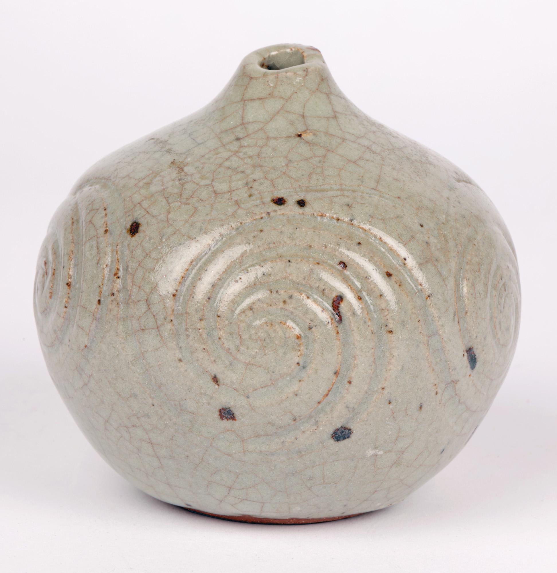 20th Century Celadon Craquel Glazed Swirl Design Studio Pottery Vase Signed For Sale