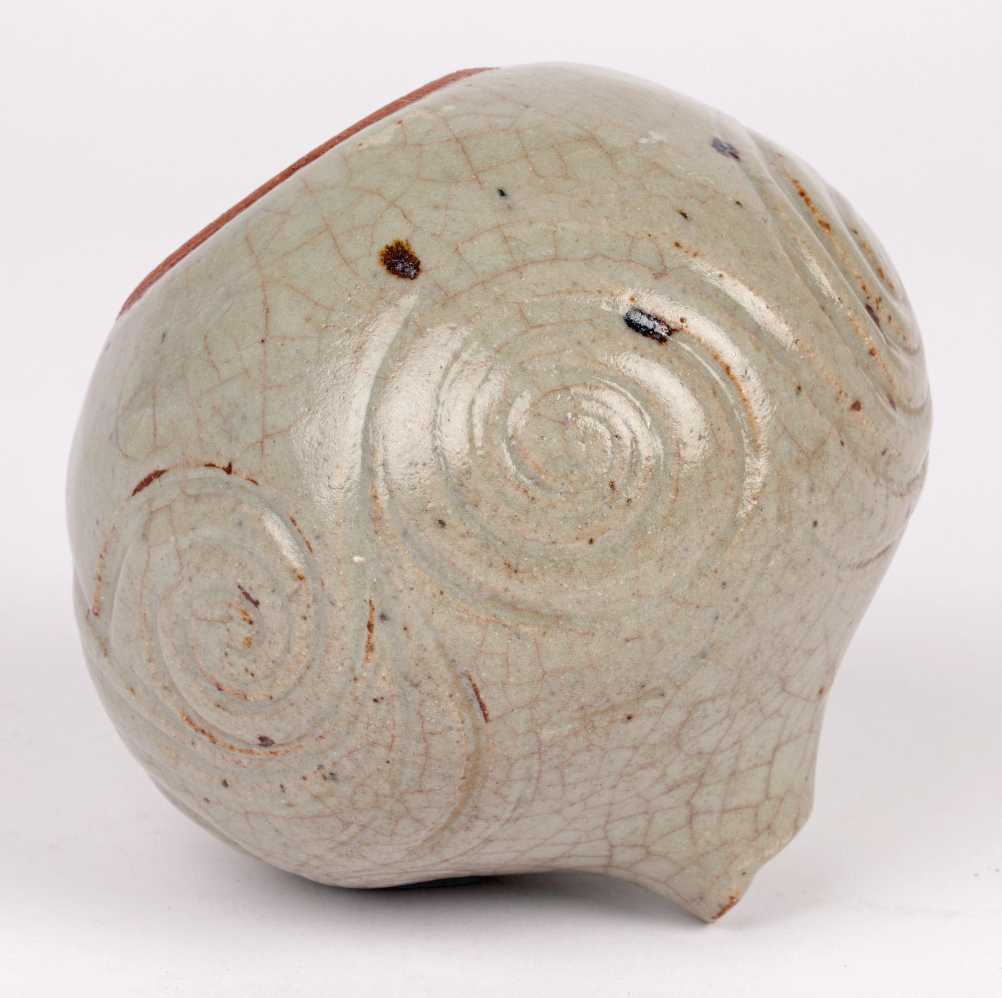 Stoneware Celadon Craquel Glazed Swirl Design Studio Pottery Vase Signed For Sale