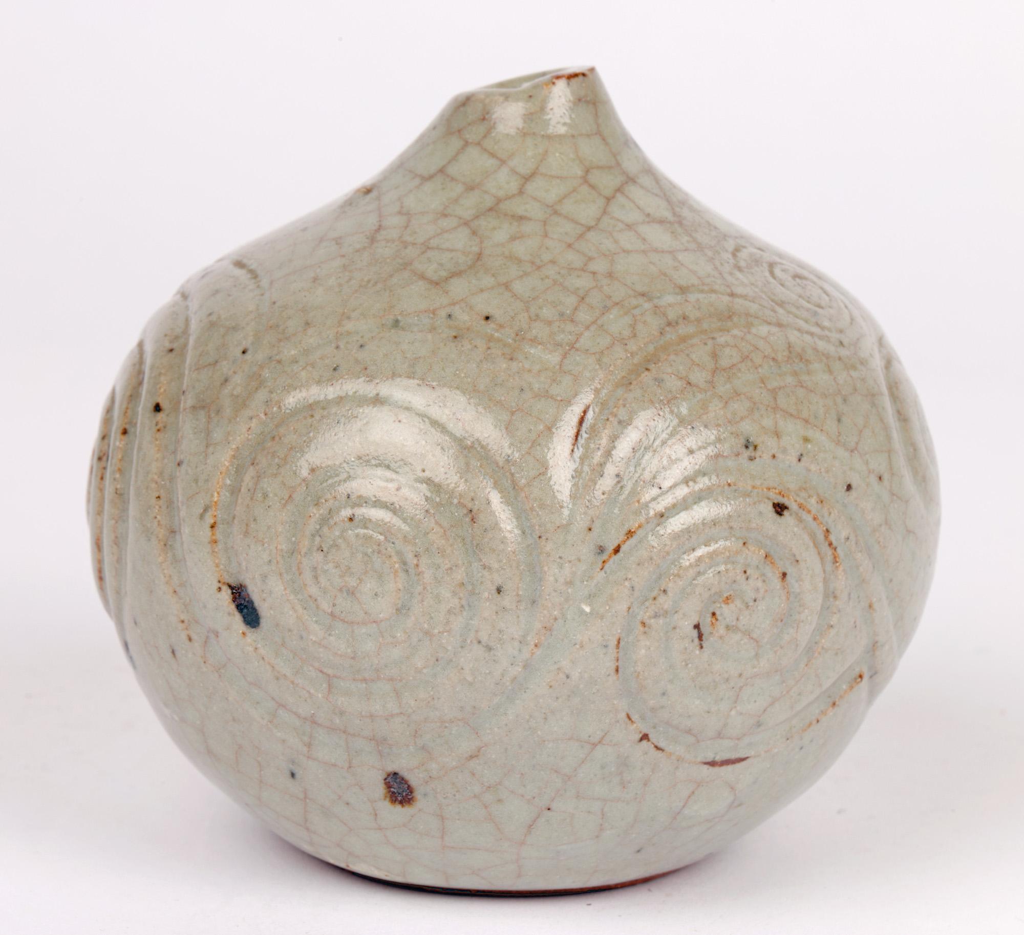 Celadon Craquel Glazed Swirl Design Studio Pottery Vase Signed For Sale 1