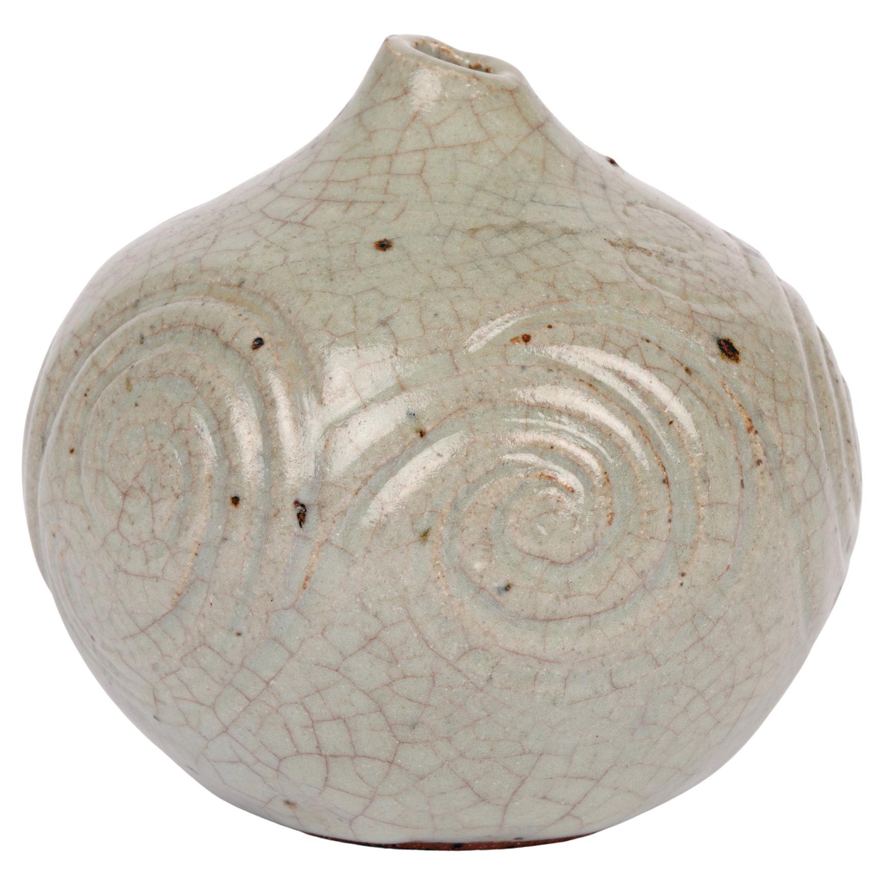 Celadon Craquel Glazed Swirl Design Studio Pottery Vase Signed For Sale