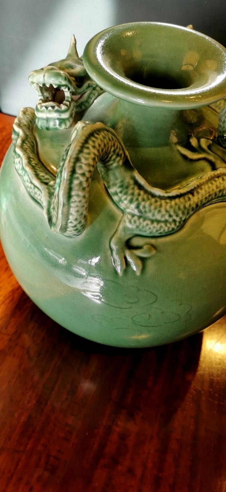 20th Century Celadon Craquelé Vase with Dragon China, 1950-1955 6