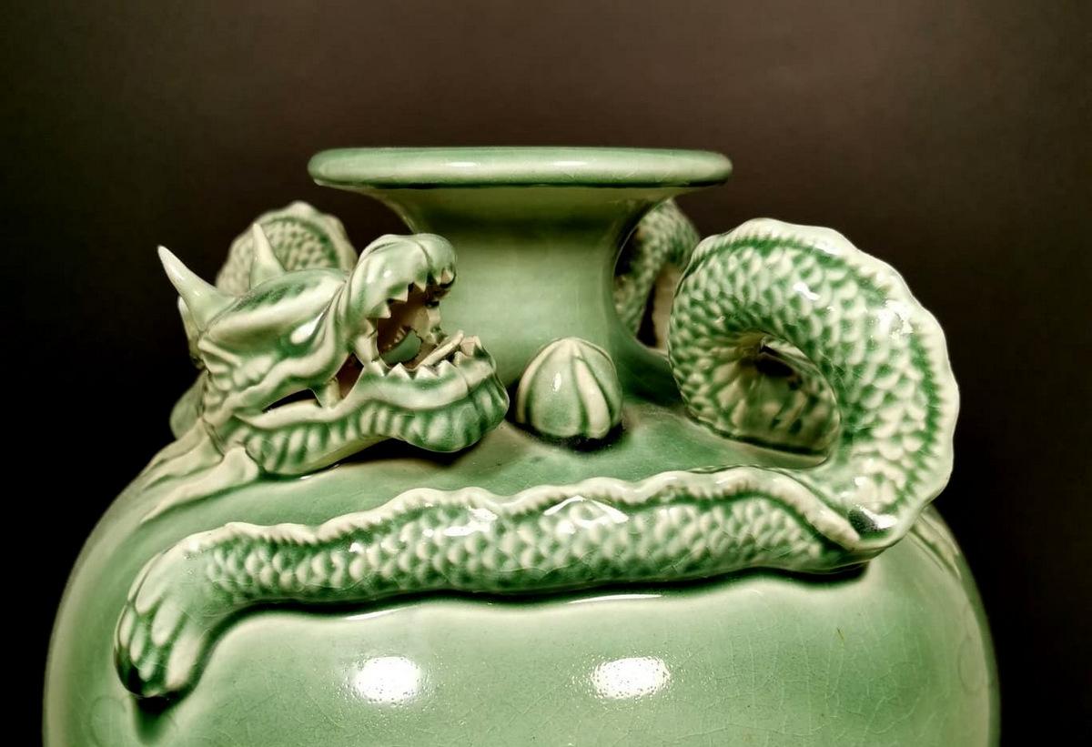 Chinoiserie 20th Century Celadon Craquelé Vase with Dragon China, 1950-1955