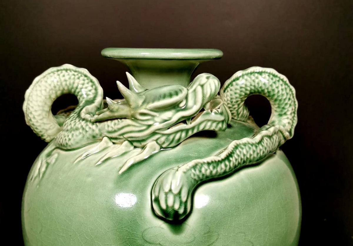 Chinese 20th Century Celadon Craquelé Vase with Dragon China, 1950-1955