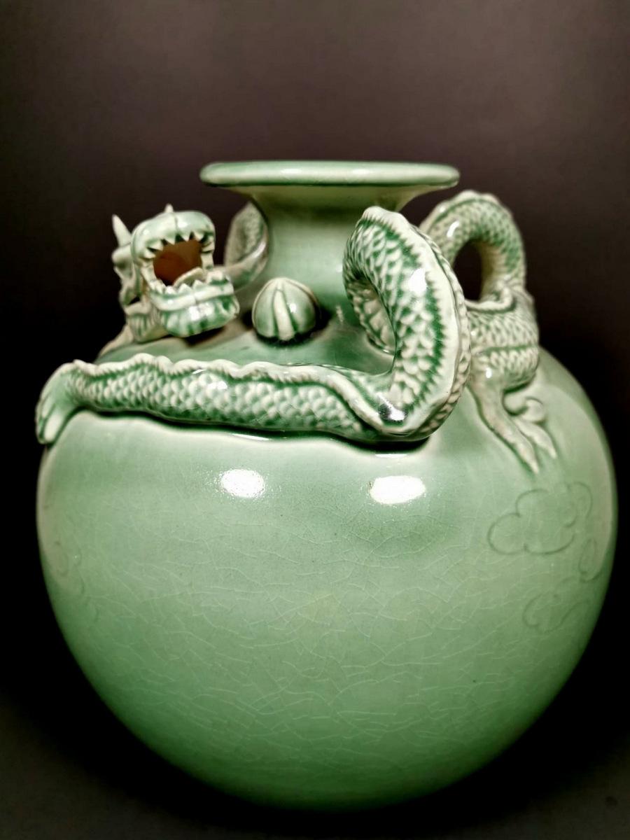 Glazed 20th Century Celadon Craquelé Vase with Dragon China, 1950-1955