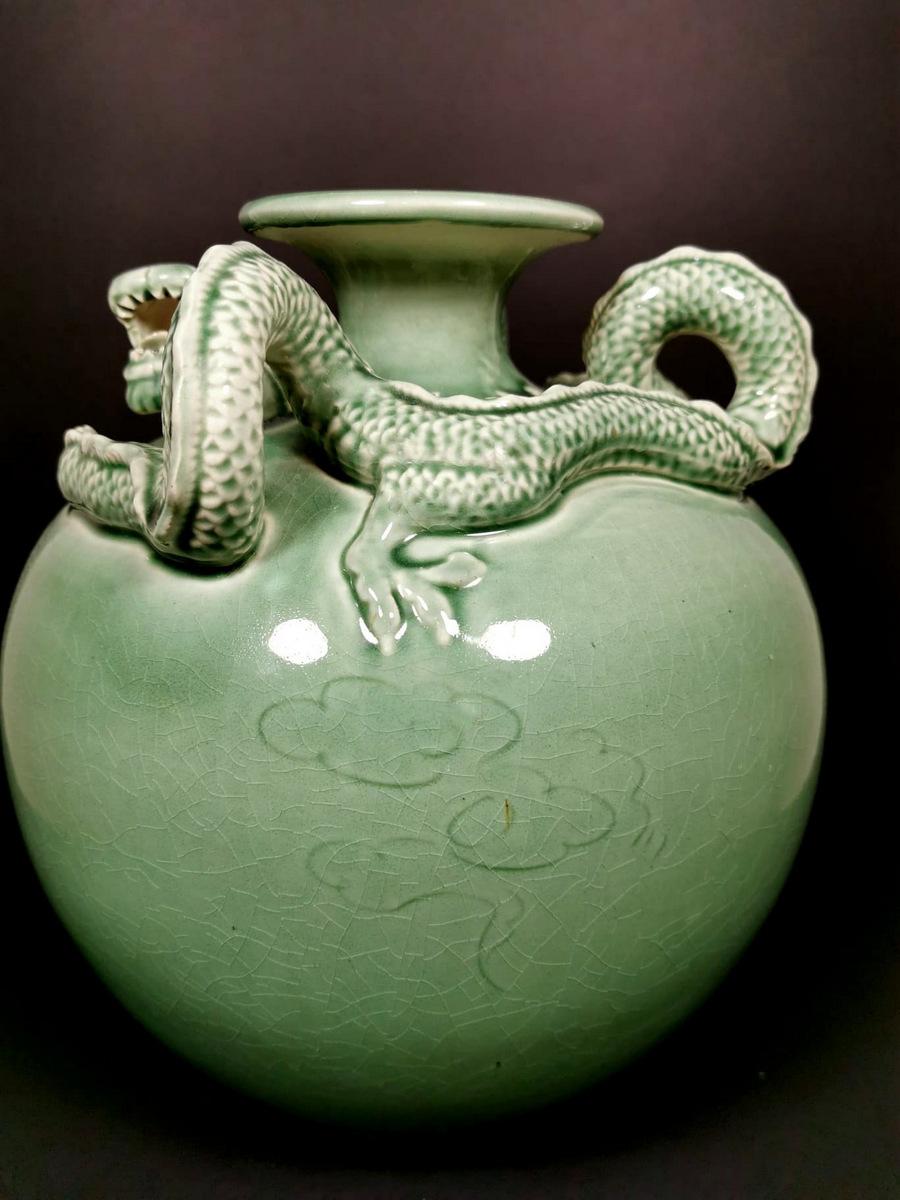 Ceramic 20th Century Celadon Craquelé Vase with Dragon China, 1950-1955