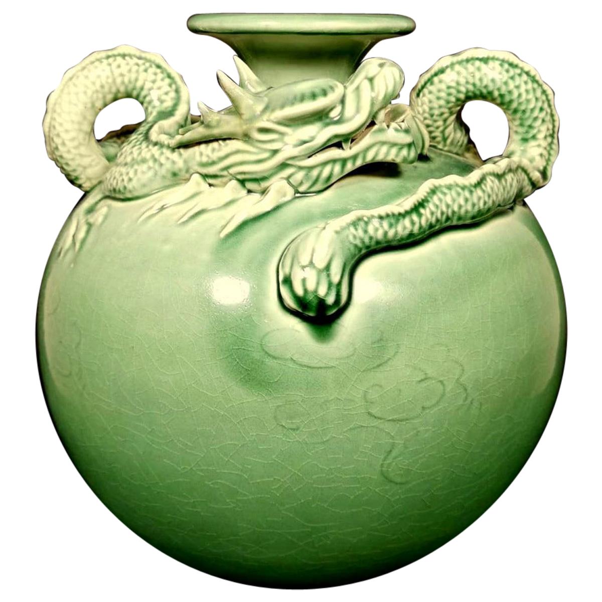 20th Century Celadon Craquelé Vase with Dragon China, 1950-1955